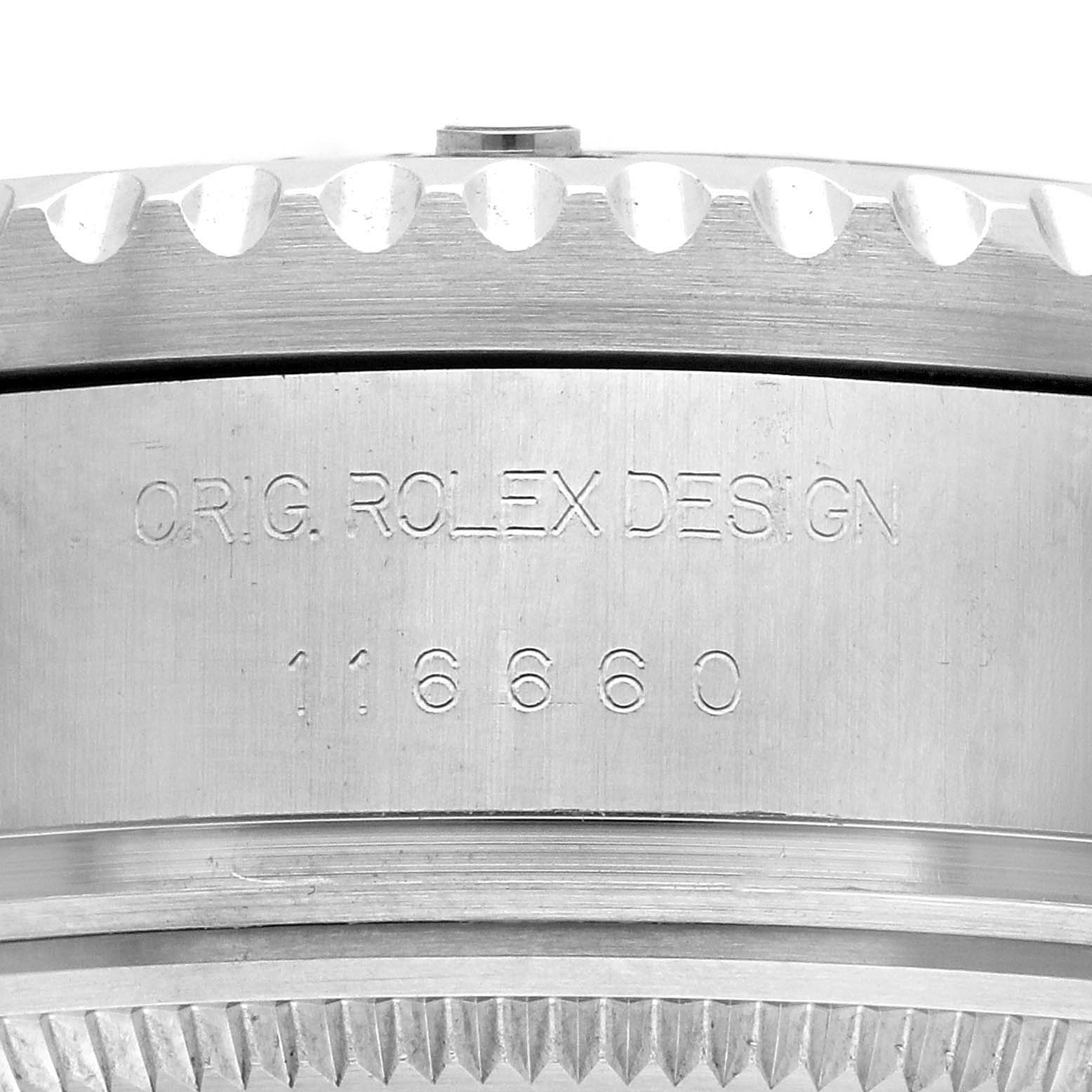 The image shows a close-up side view of the bezel and case edge of the Rolex Sea-Dweller 116660 Men
s Stainless Steel Black Dial, featuring its model number engraving.