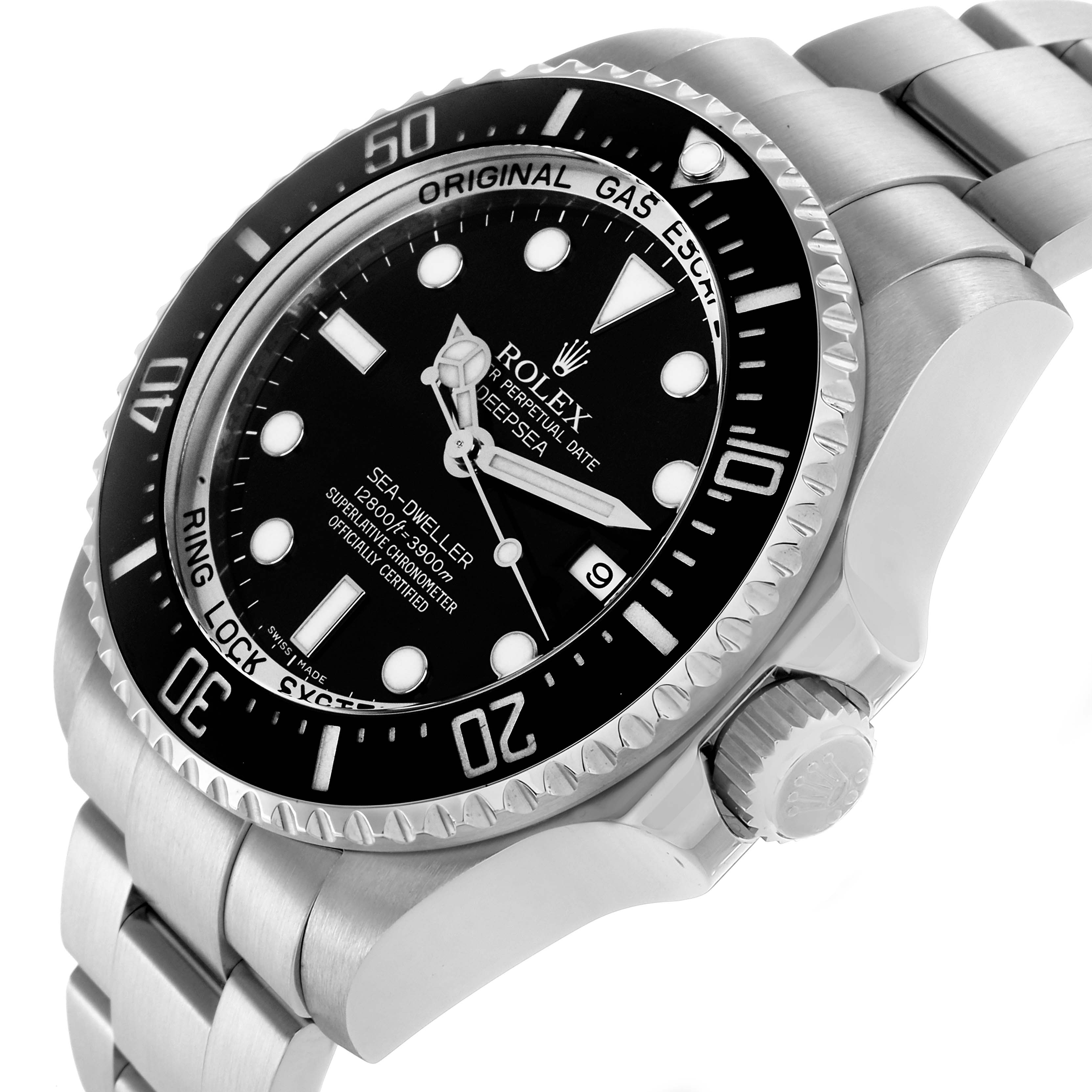 The Rolex Sea-Dweller 116660 Men
s Stainless Steel Black Dial watch is shown at a slight angle, highlighting the face, bezel, crown, and part of the bracelet.