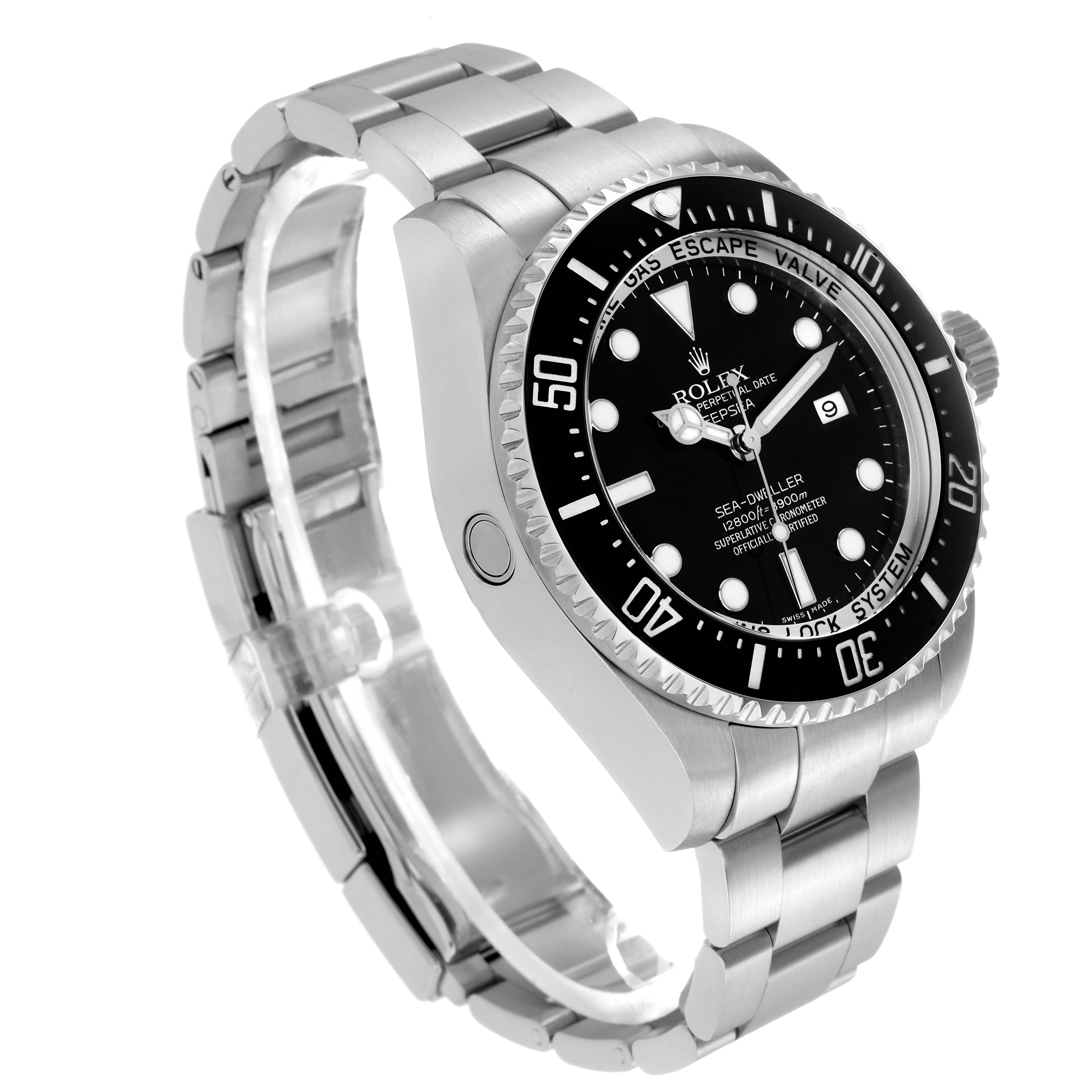 The Rolex Sea-Dweller 116660 Men
s Stainless Steel Black Dial watch is shown at an angled view, highlighting the bezel, dial, and bracelet.