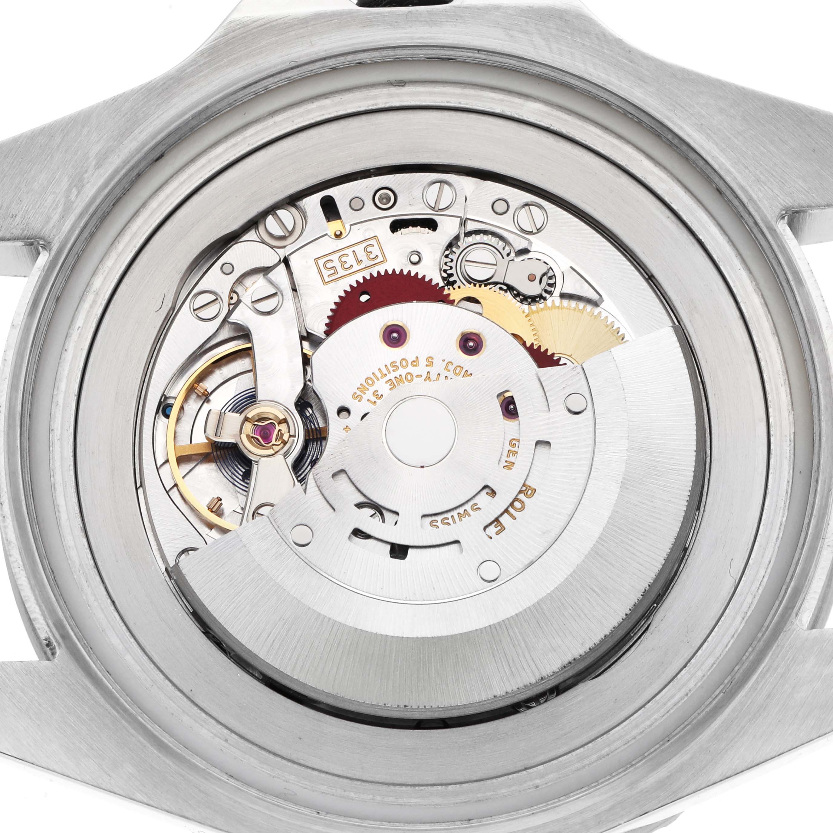 The image shows the movement from the back of a Rolex Sea-Dweller 116660 Men
s Stainless Steel Black Dial, highlighting its intricate mechanical components.