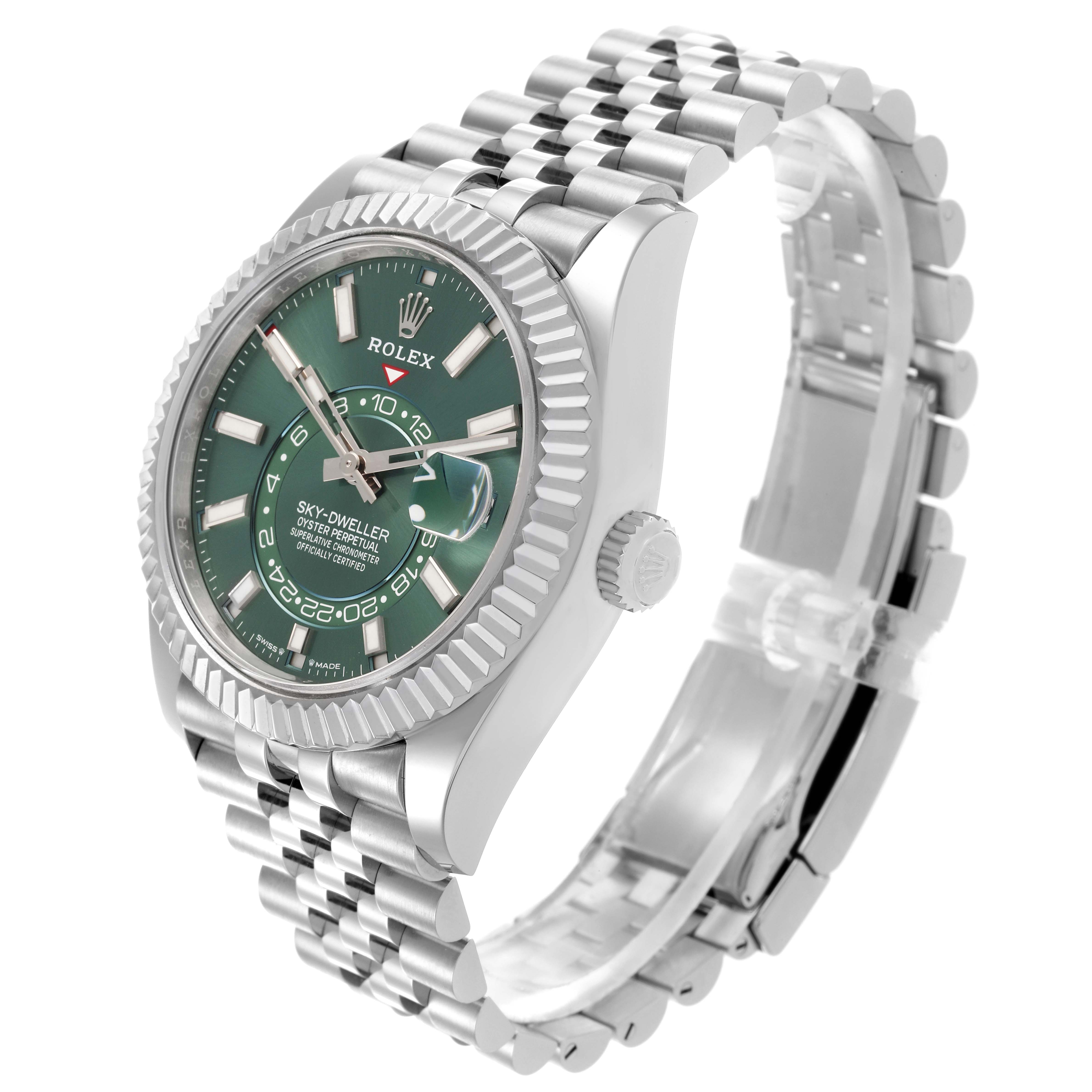 The Rolex Sky-Dweller 336934 Men
s Stainless Steel Green Dial 336934 Men
s Stainless Steel Green Dial watch is shown at a three-quarter angle, focusing on the face, bezel, crown, and bracelet.
