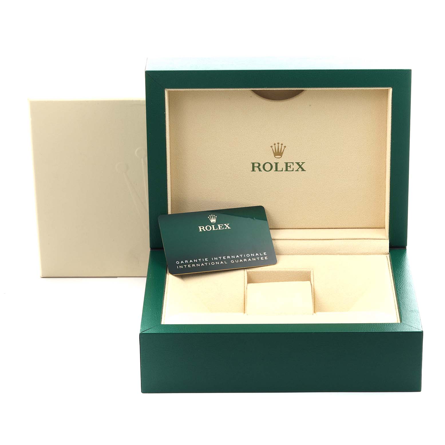 The image shows a Rolex Sky-Dweller 336934 Men
s Stainless Steel Green Dial 336934 Men
s Stainless Steel Green Dial watch box angled from the front, with an international guarantee card inside.