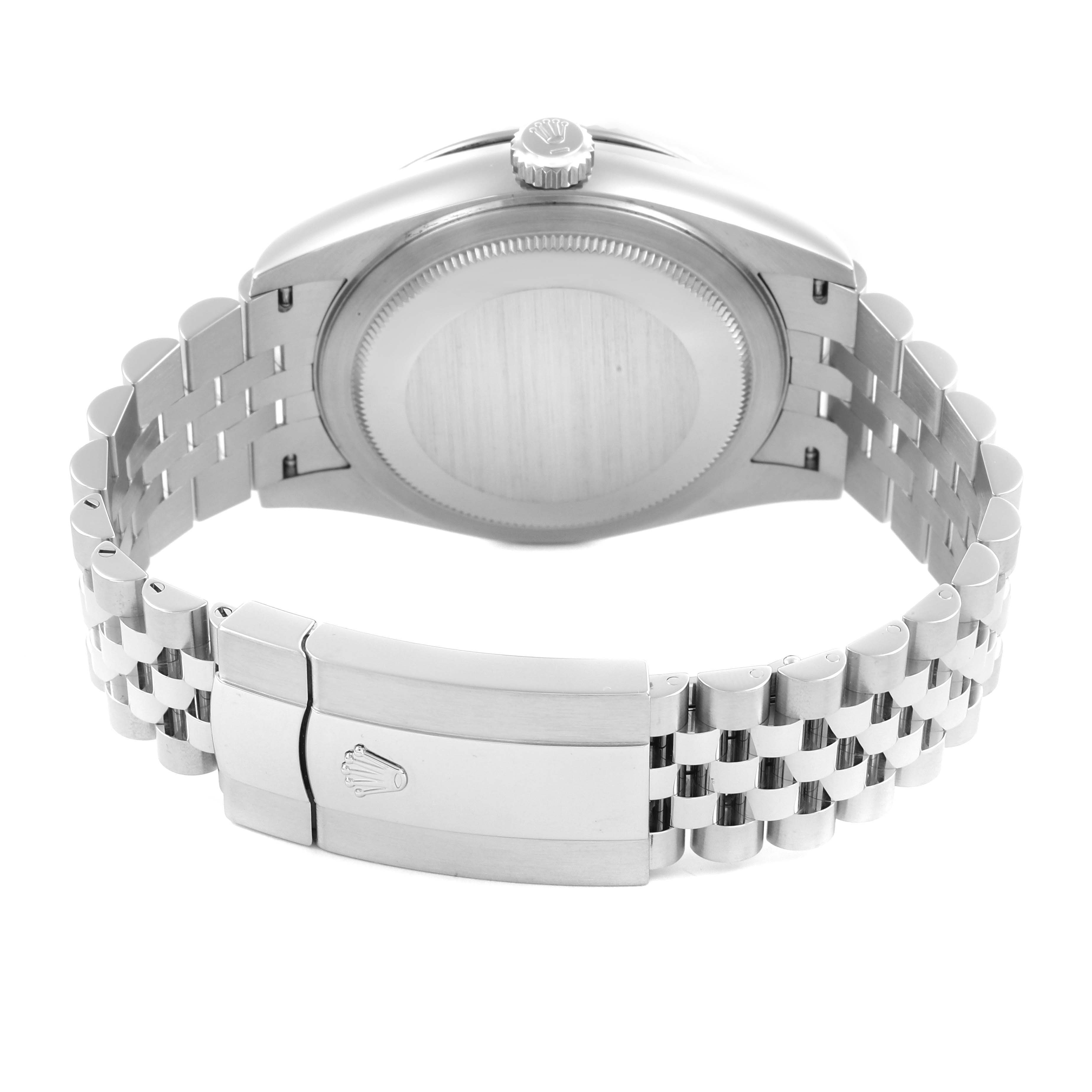 The image shows the back and clasp of the Rolex Sky-Dweller 336934 Men
s Stainless Steel Green Dial 336934 Men
s Stainless Steel Green Dial watch, highlighting the bracelet and case back.