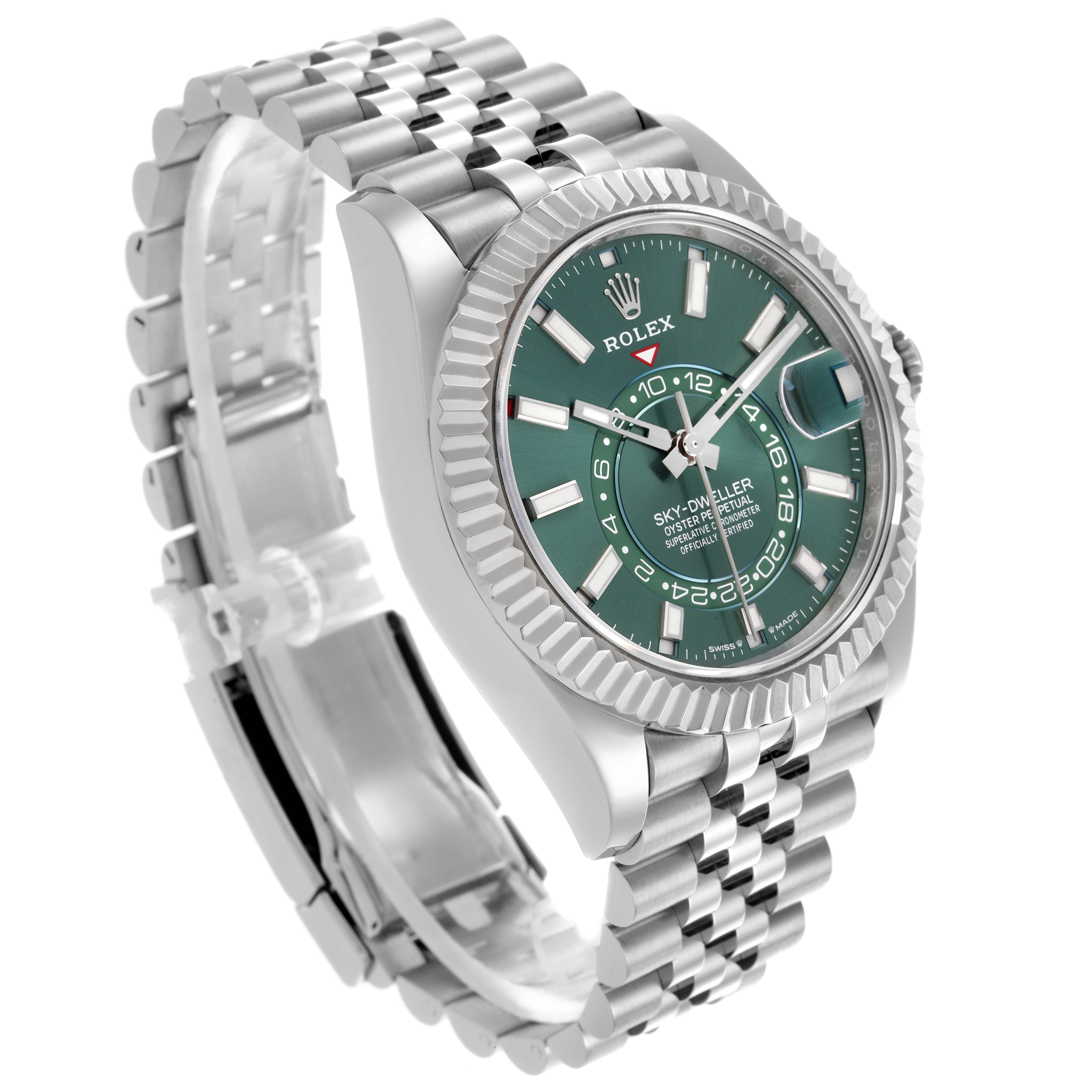 The Rolex Sky-Dweller 336934 Men
s Stainless Steel Green Dial 336934 Men
s Stainless Steel Green Dial is shown at a three-quarter angle, highlighting its green dial, bezel, and Jubilee bracelet.