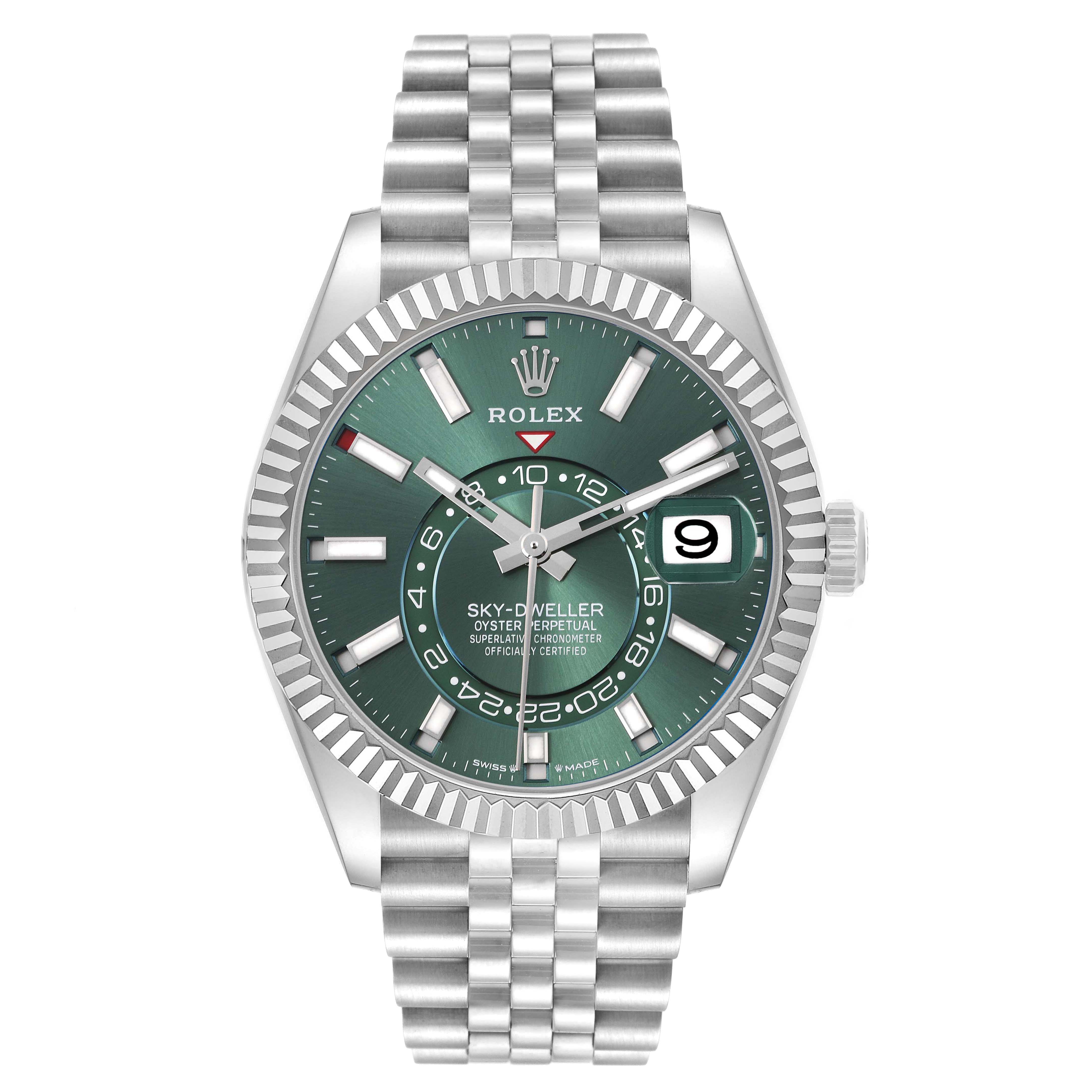 The Rolex Sky-Dweller 336934 Men
s Stainless Steel Green Dial 336934 Men
s Stainless Steel Green Dial watch is shown from a front angle, highlighting its face, bezel, and bracelet.