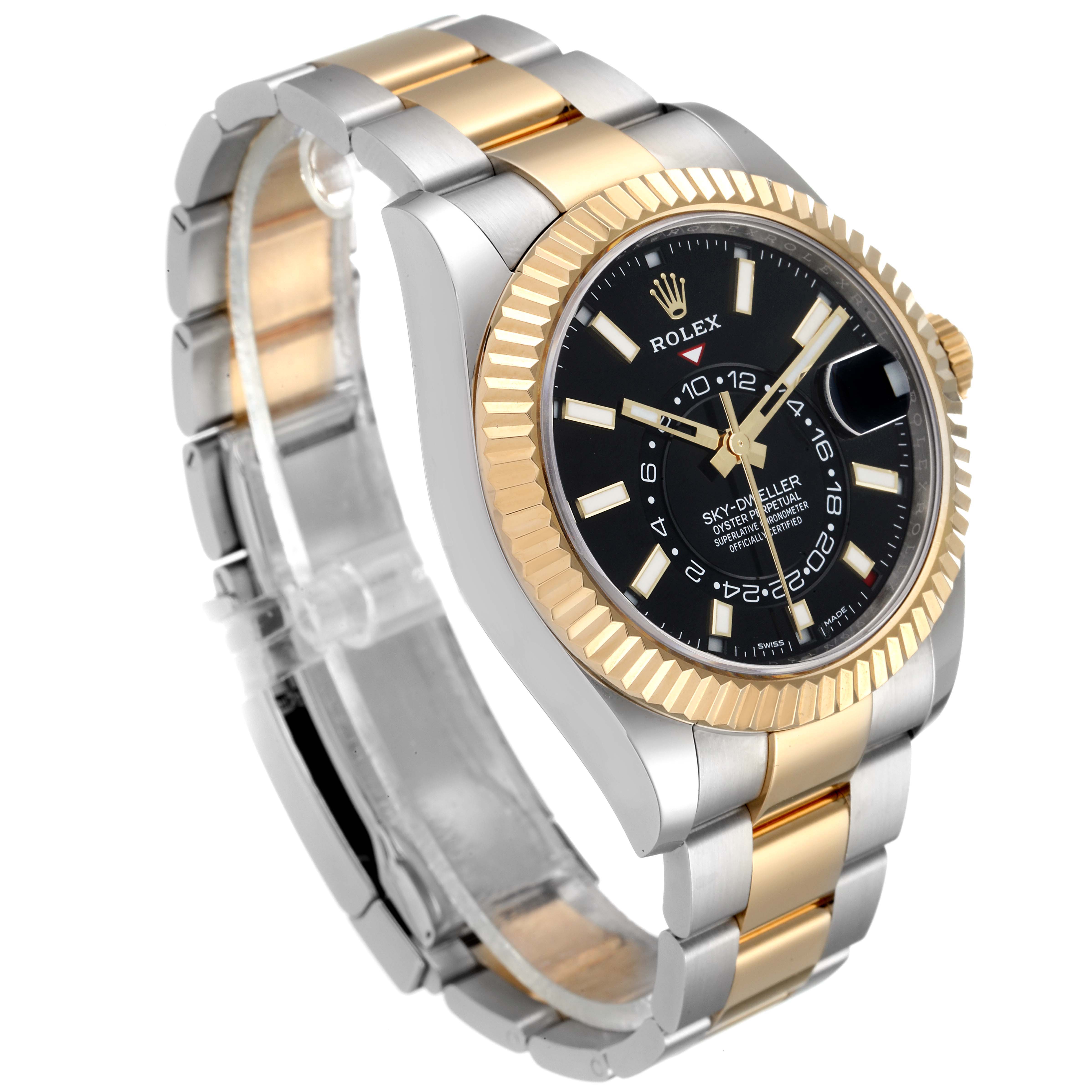 The Rolex Sky-Dweller 326933 Men's Steel and Gold (two tone) Black Dial 326933 Men's Steel and Gold (two tone) Black Dial watch is shown at a three-quarter angle, displaying its black dial, gold fluted bezel, and two-tone metal bracelet.