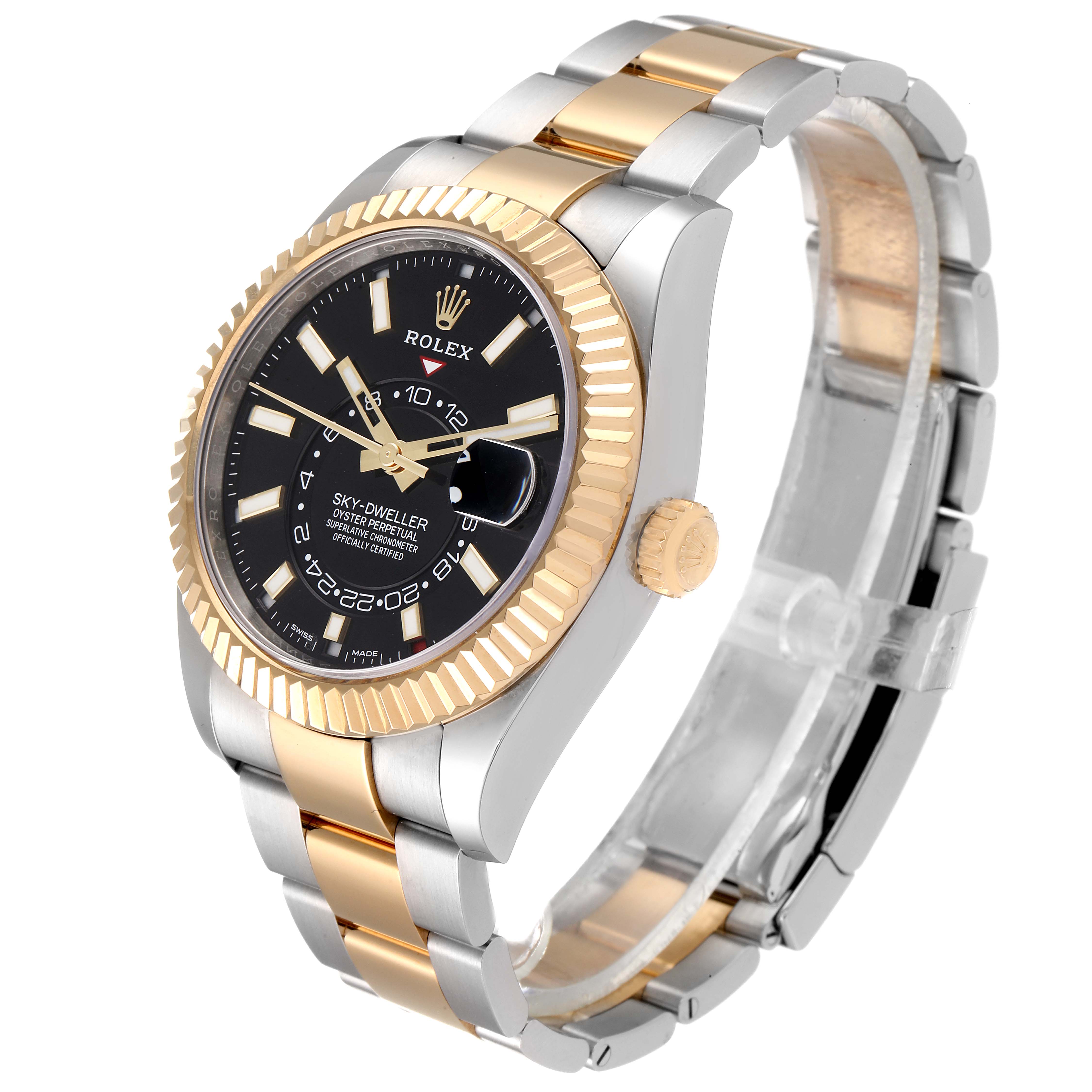 The image shows a Rolex Sky-Dweller 326933 Men's Steel and Gold (two tone) Black Dial 326933 Men's Steel and Gold (two tone) Black Dial watch at a three-quarter angle, highlighting the black dial, gold accents, and two-tone bracelet.