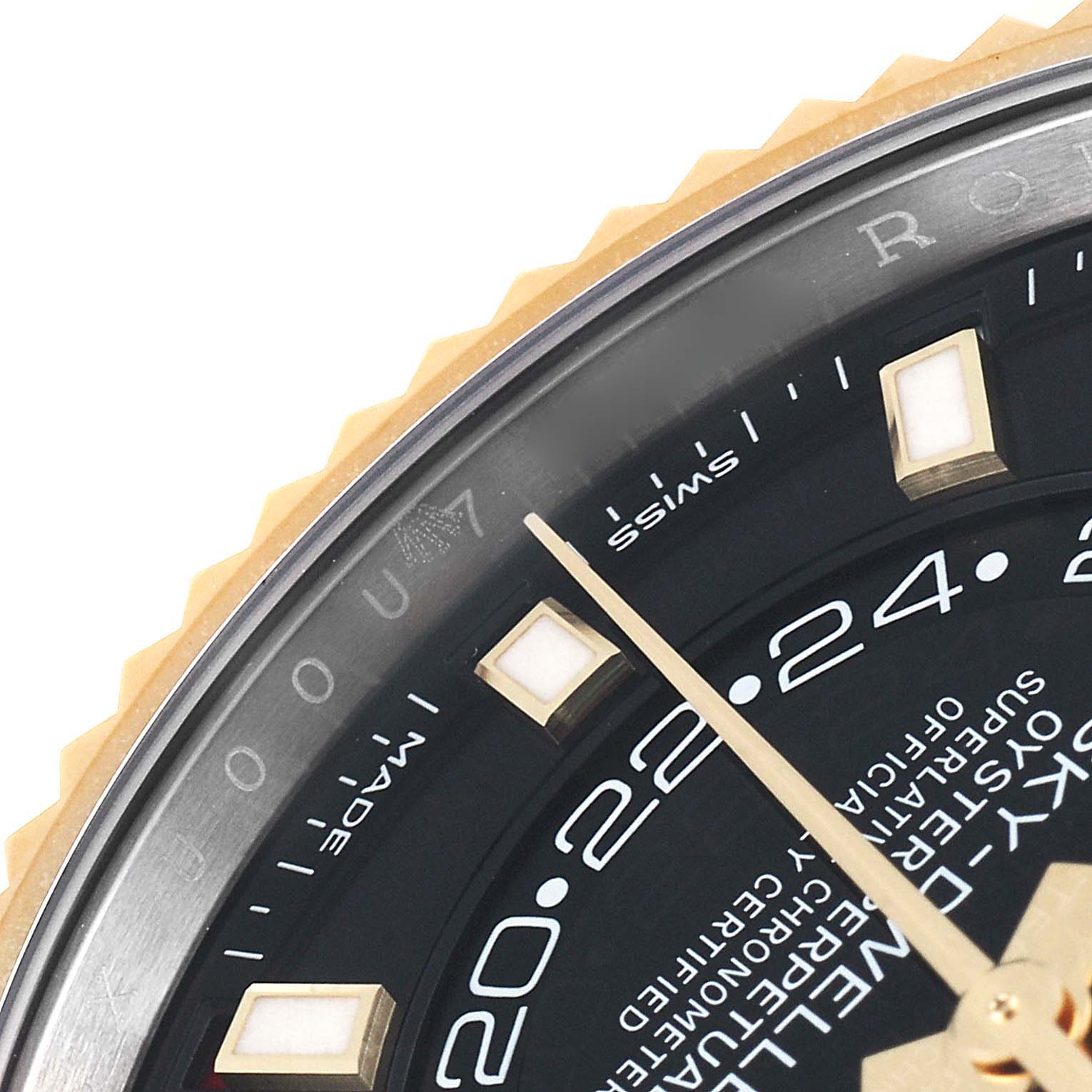 The image shows a close-up of the dial, hands, and bezel of a Rolex Sky-Dweller 326933 Men's Steel and Gold (two tone) Black Dial 326933 Men's Steel and Gold (two tone) Black Dial watch.