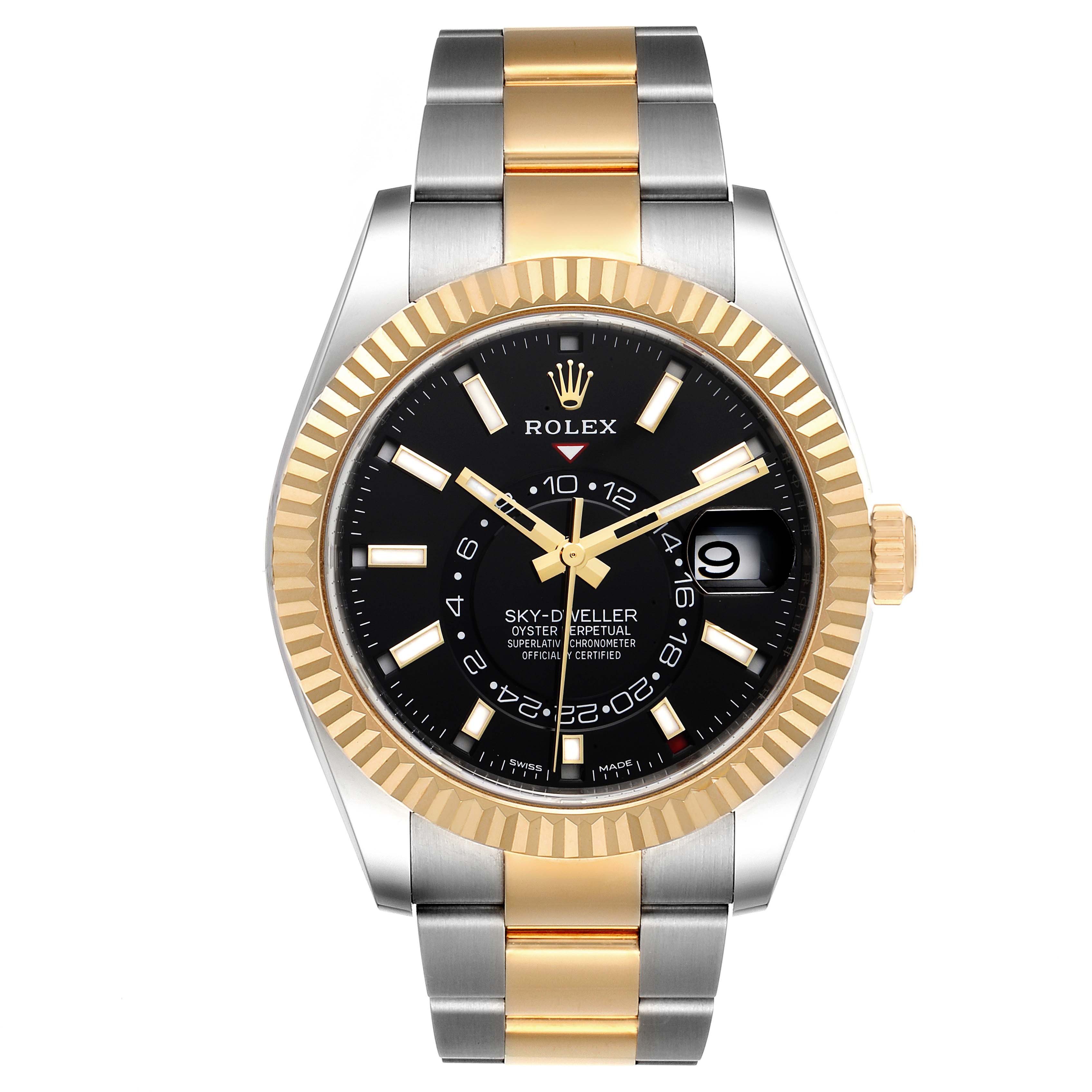 The image shows a frontal view of the Rolex Sky-Dweller 326933 Men's Steel and Gold (two tone) Black Dial 326933 Men's Steel and Gold (two tone) Black Dial watch with a black dial, gold and silver bracelet, and fluted bezel.