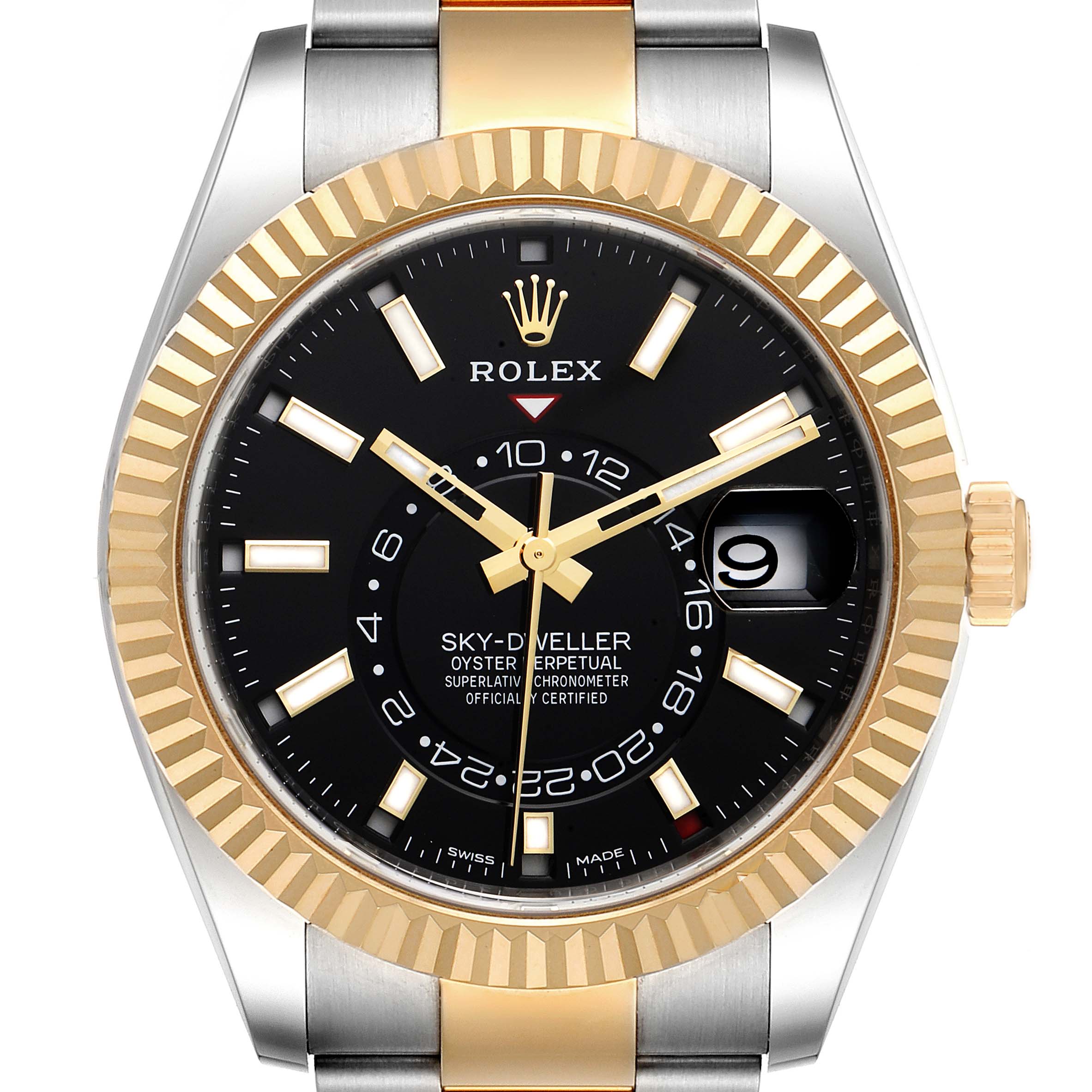 This image shows a front view of the Rolex Sky-Dweller 326933 Men's Steel and Gold (two tone) Black Dial 326933 Men's Steel and Gold (two tone) Black Dial watch, highlighting its black dial, gold bezel, and two-tone bracelet.