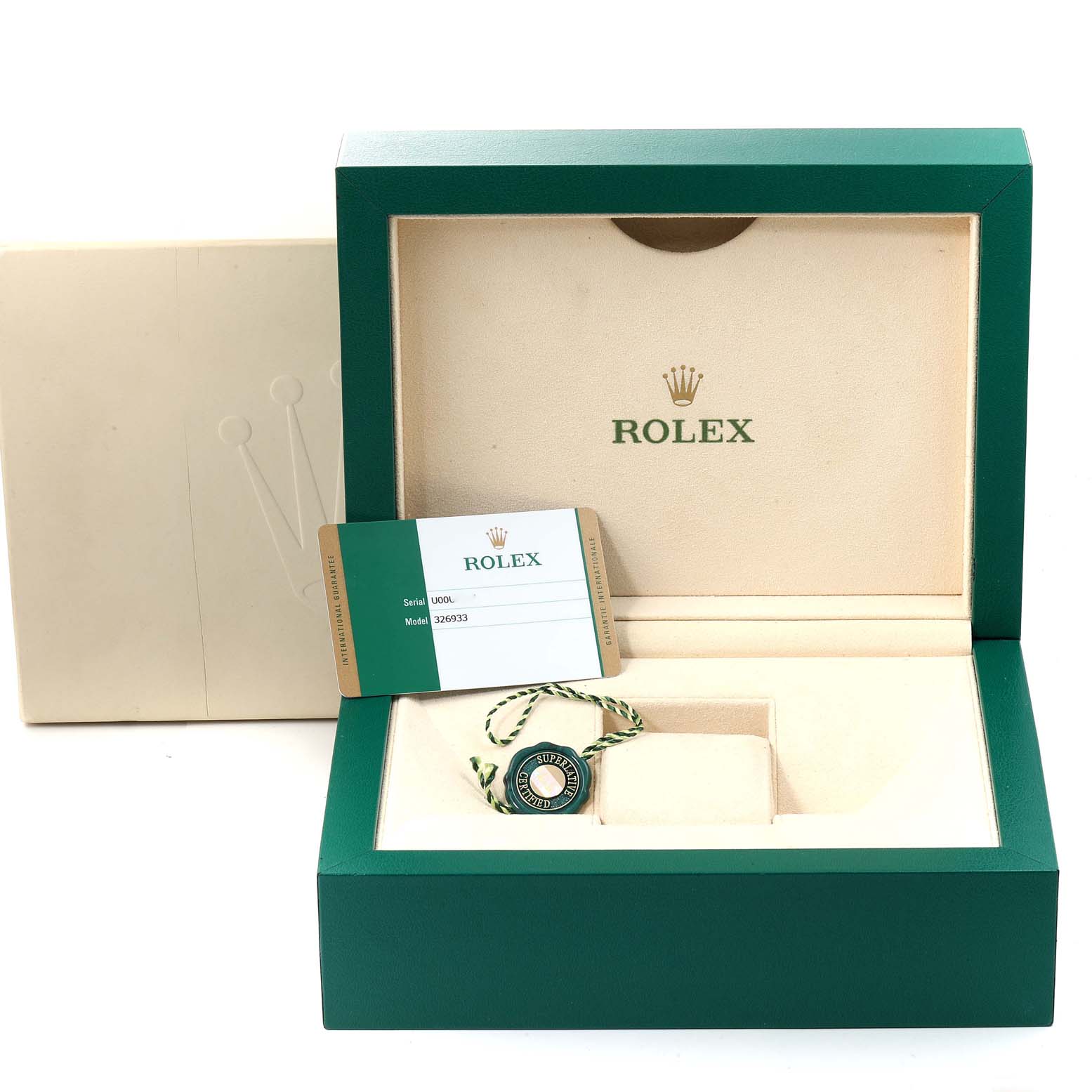 The image shows an open Rolex Sky-Dweller 326933 Men's Steel and Gold (two tone) Black Dial 326933 Men's Steel and Gold (two tone) Black Dial watch box with a warranty card and a tag.