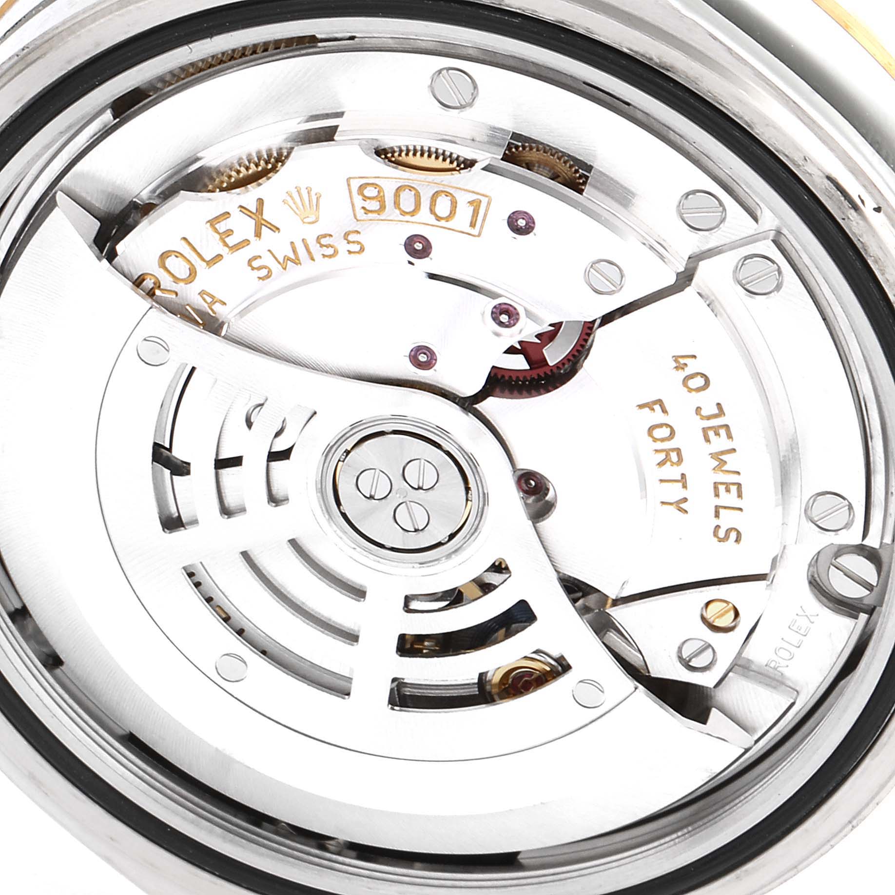 This image shows a detailed view of the movement inside a Rolex Sky-Dweller 326933 Men's Steel and Gold (two tone) Black Dial 326933 Men's Steel and Gold (two tone) Black Dial watch, highlighting its mechanical components.