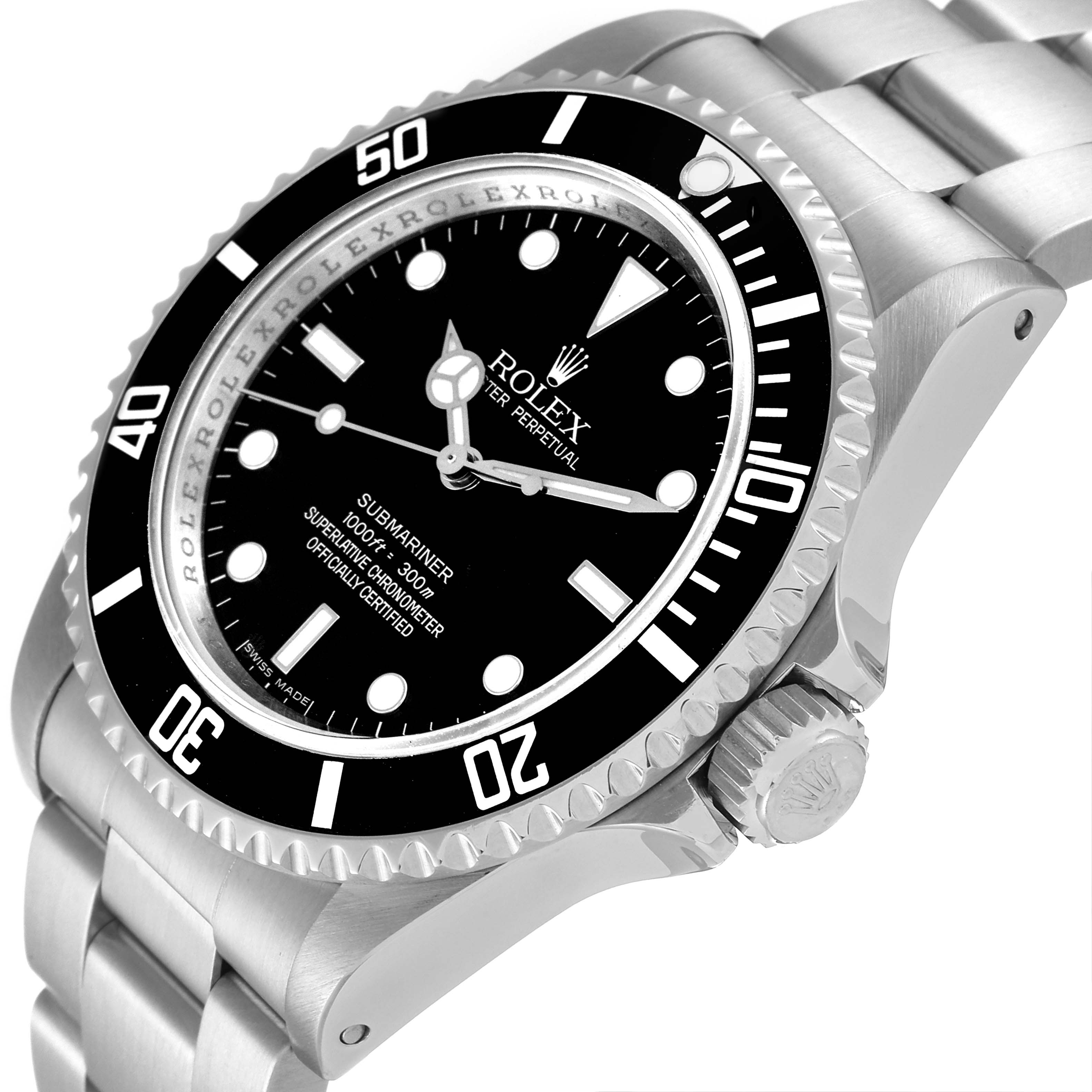 The image shows a side angle view of a Rolex Submariner 14060M Men
s Stainless Steel Black Dial 14060M Men
s Stainless Steel Black Dial watch, highlighting the bezel, dial, and bracelet.