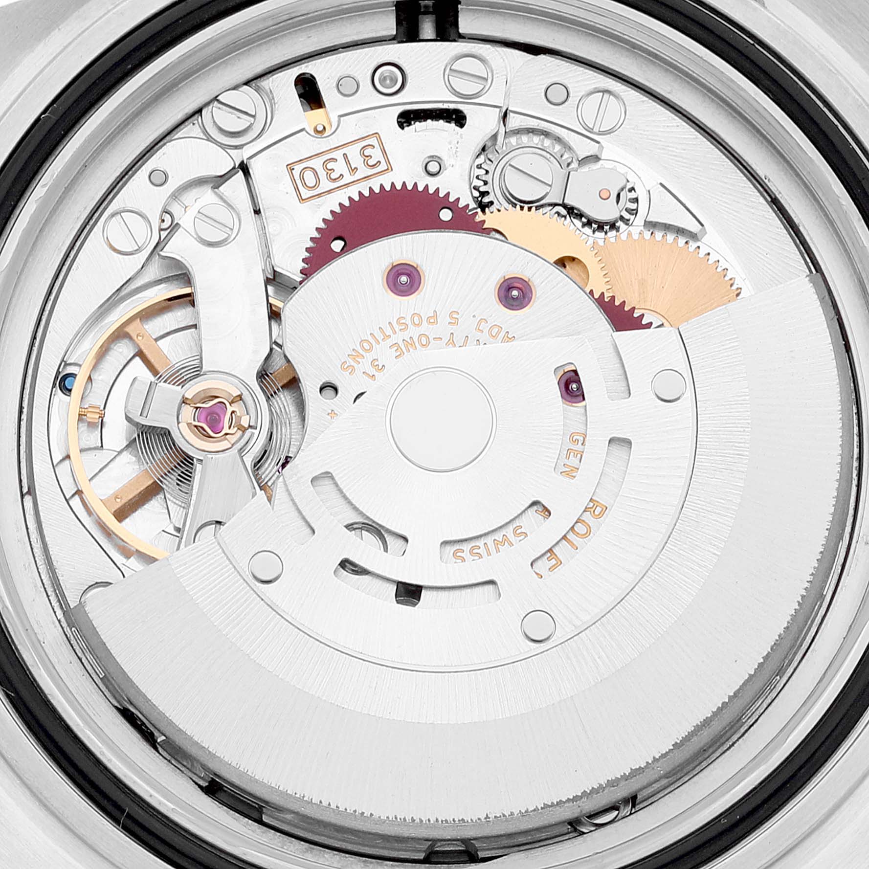 This image shows the intricate movement mechanism of the Rolex Submariner 14060M Men
s Stainless Steel Black Dial 14060M Men
s Stainless Steel Black Dial watch from a close-up angle.