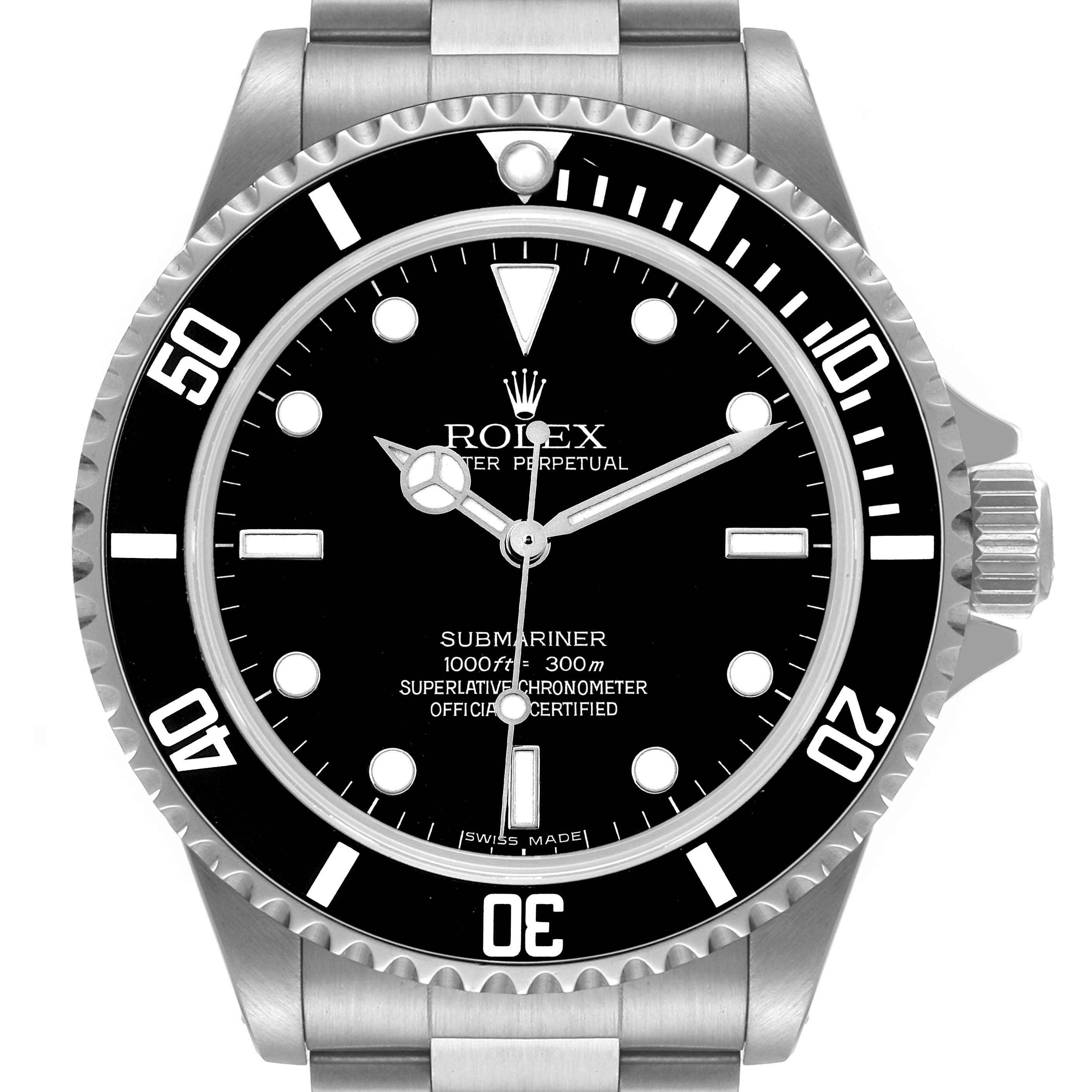 The image shows a front view of a Rolex Submariner 14060M Men
s Stainless Steel Black Dial 14060M Men
s Stainless Steel Black Dial watch, highlighting its black dial, bezel, and stainless steel bracelet.