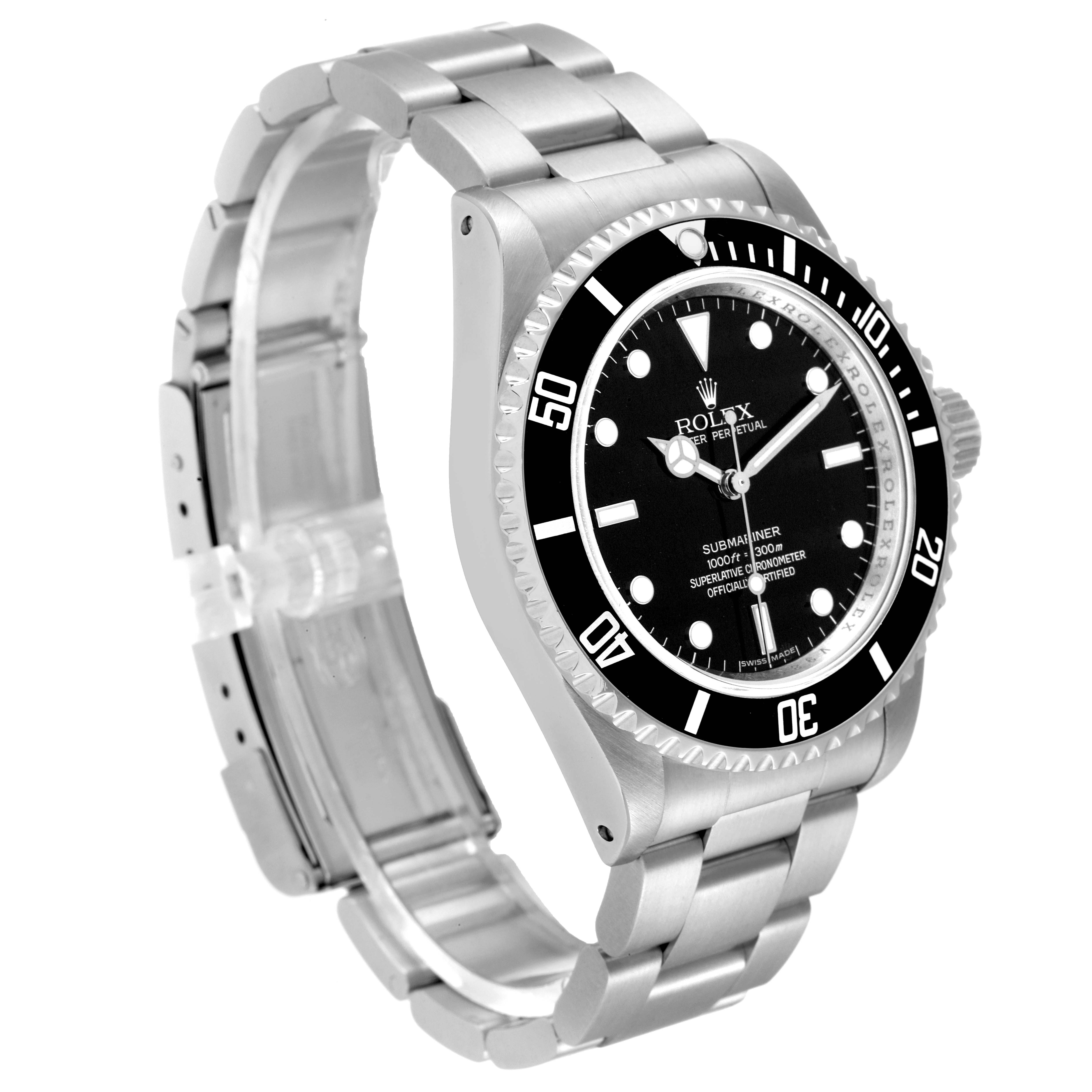 The image shows a Rolex Submariner 14060M Men
s Stainless Steel Black Dial 14060M Men
s Stainless Steel Black Dial watch at a 3/4 angle, clearly displaying its bezel, dial, and metal band.