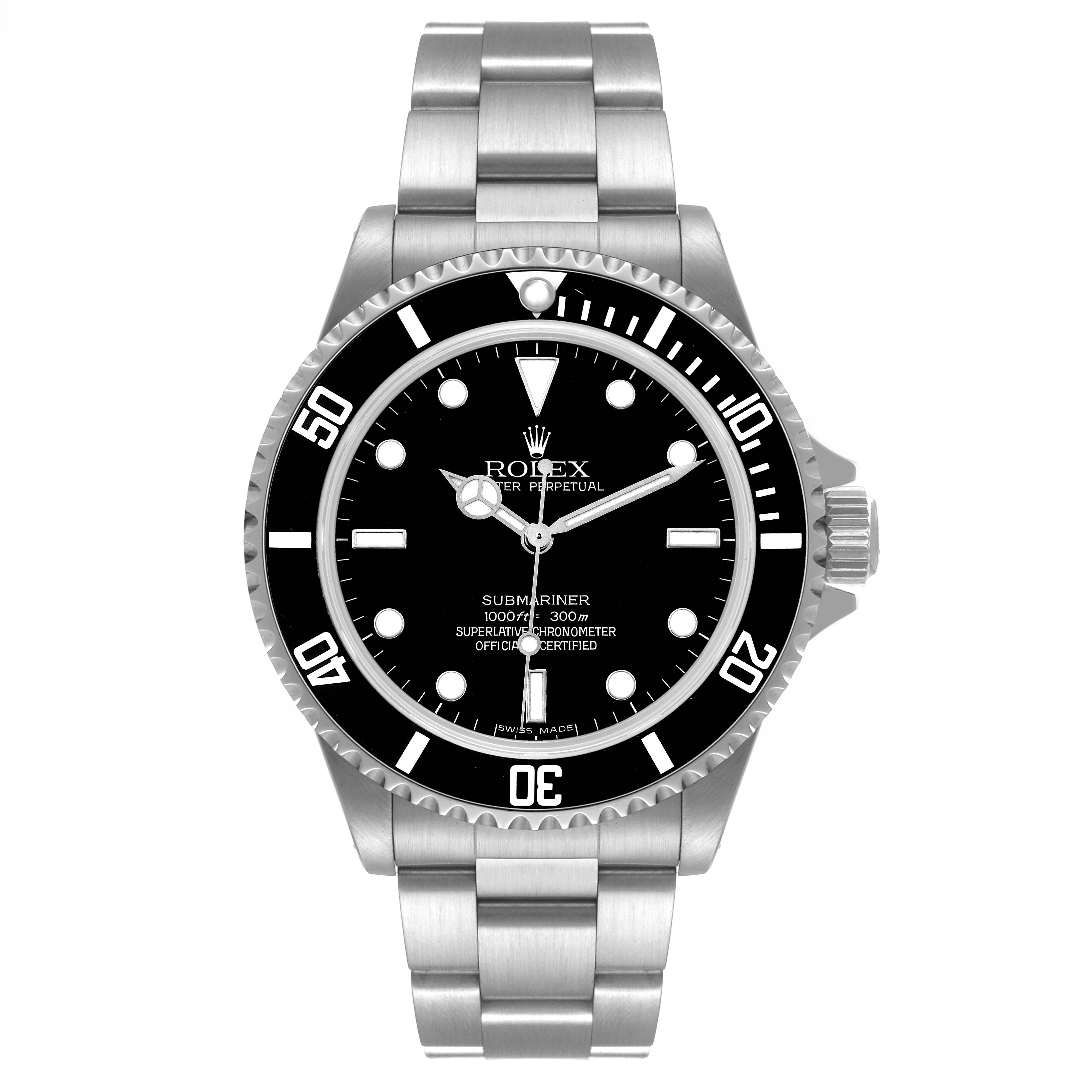 The Rolex Submariner 14060M Men
s Stainless Steel Black Dial 14060M Men
s Stainless Steel Black Dial watch is shown from a frontal angle, displaying its face, bezel, and bracelet.