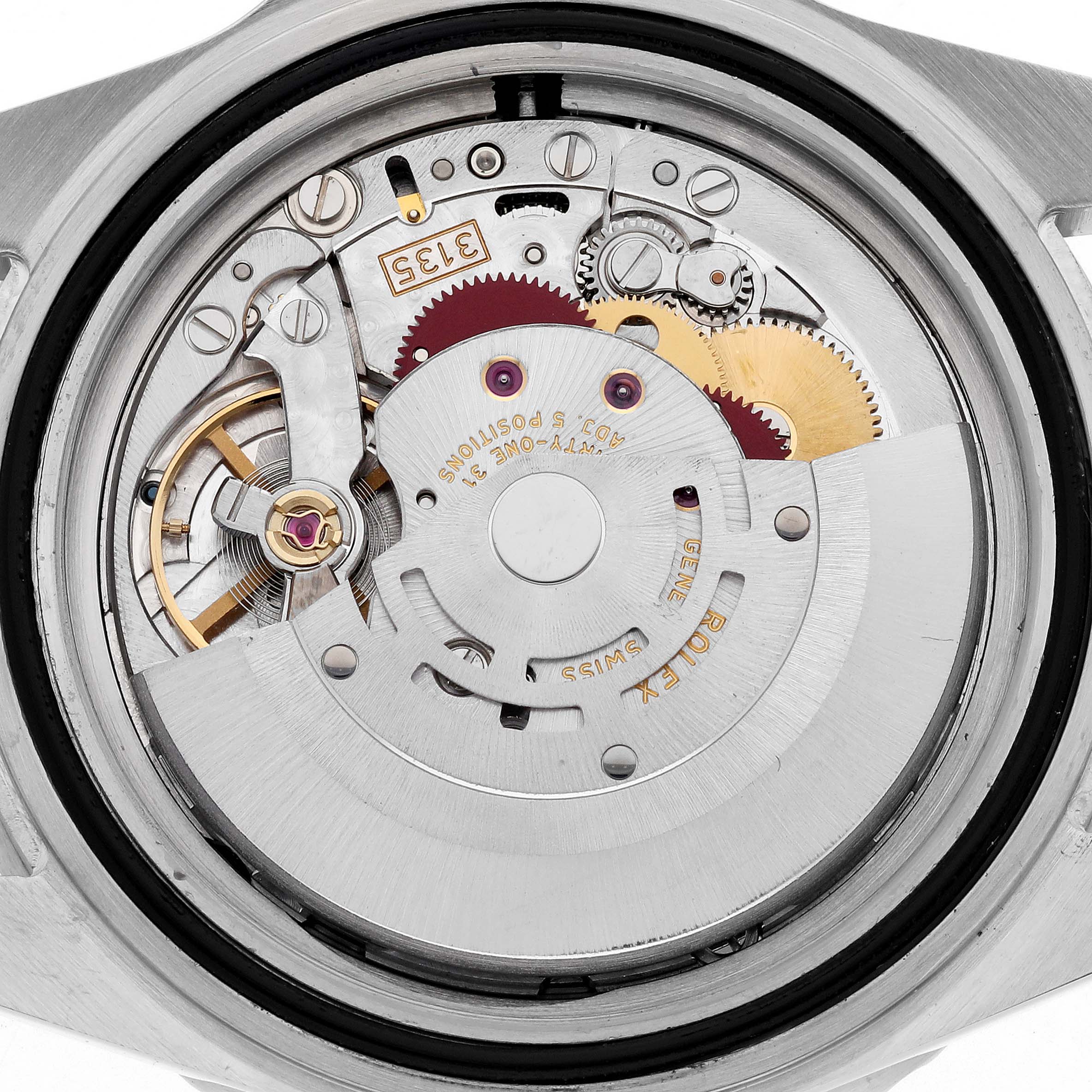 The image shows the movement of a Rolex Submariner 16610 Men
s Stainless Steel Black Dial 16610 Men
s Stainless Steel Black Dial, focusing on the internal mechanical components.