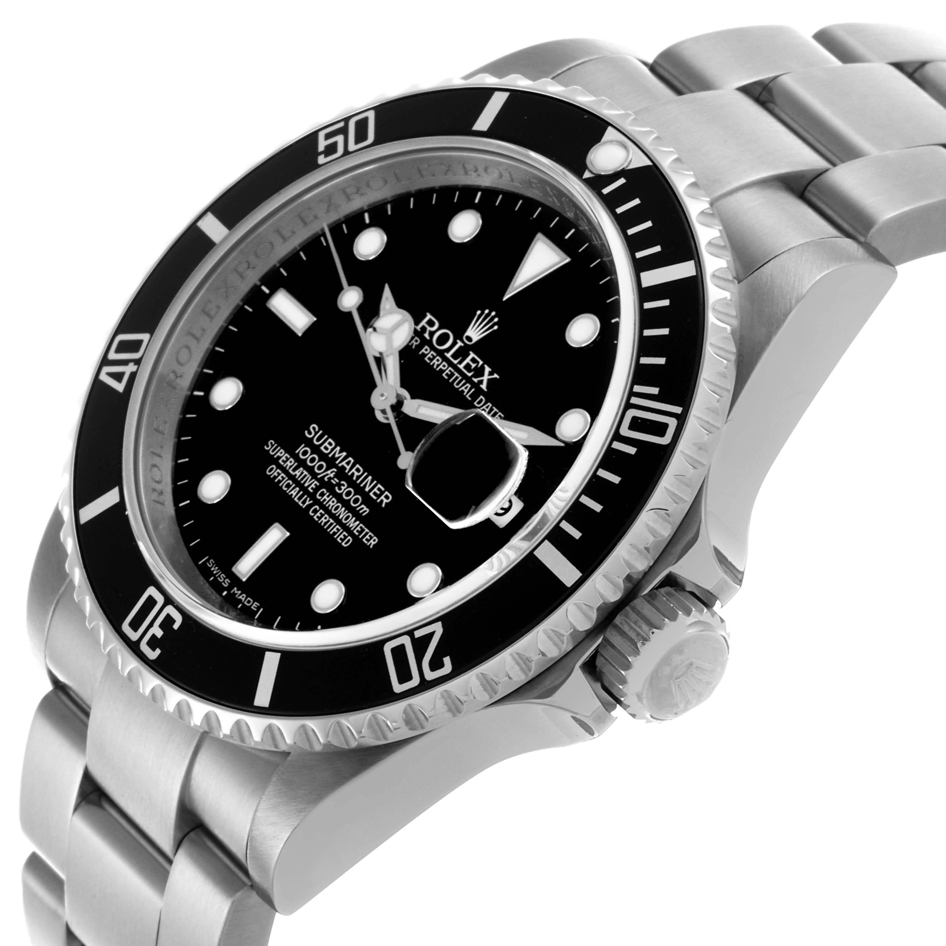The Rolex Submariner 16610 Men
s Stainless Steel Black Dial 16610 Men
s Stainless Steel Black Dial watch is shown at a slight side angle, displaying the face, bezel, crown, and stainless steel bracelet.