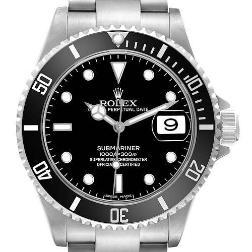 The Rolex Submariner is shown from the front, highlighting the dial, bezel, and part of the bracelet.