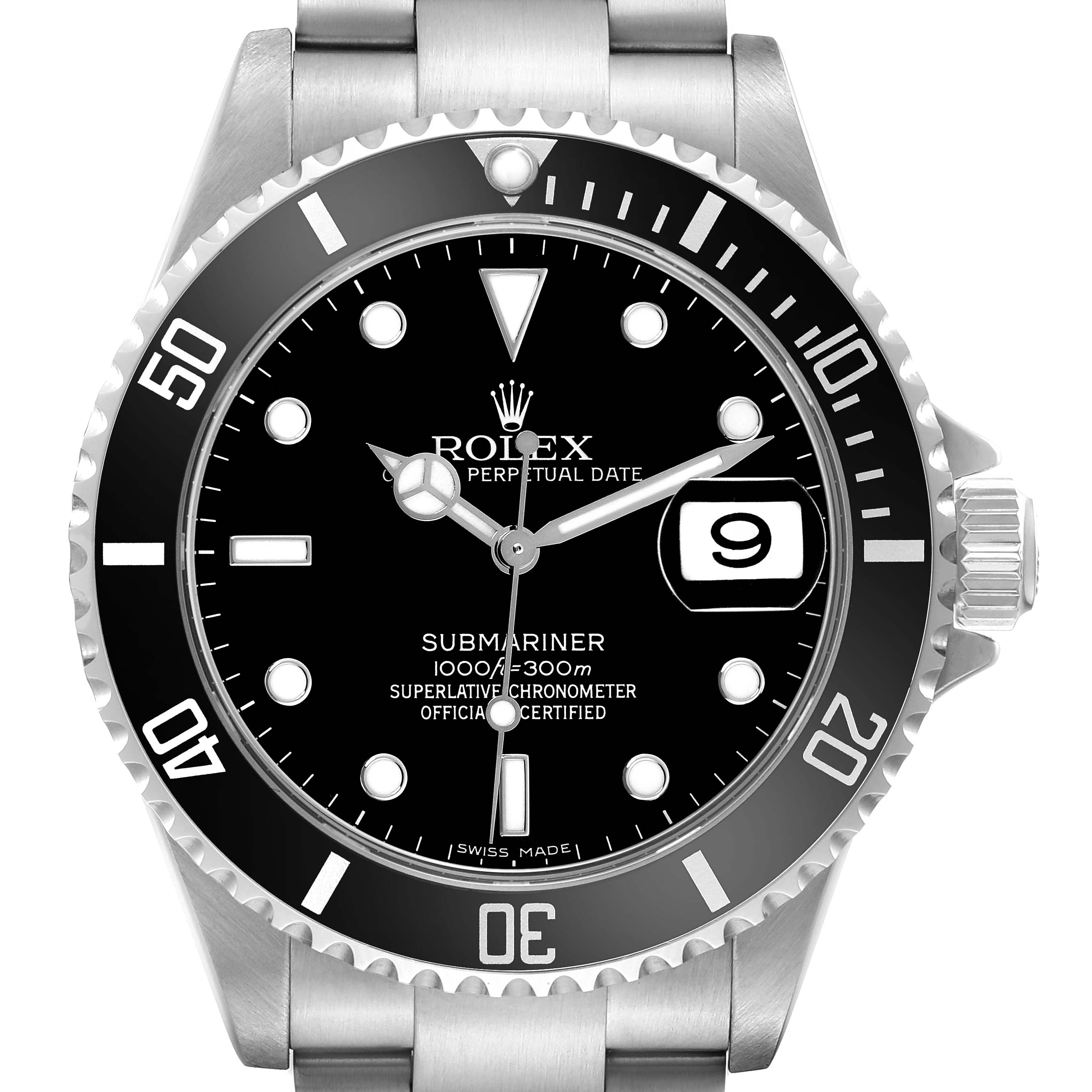 The Rolex Submariner 16610 Men
s Stainless Steel Black Dial 16610 Men
s Stainless Steel Black Dial watch is shown from the front, highlighting the dial, bezel, and part of the bracelet.