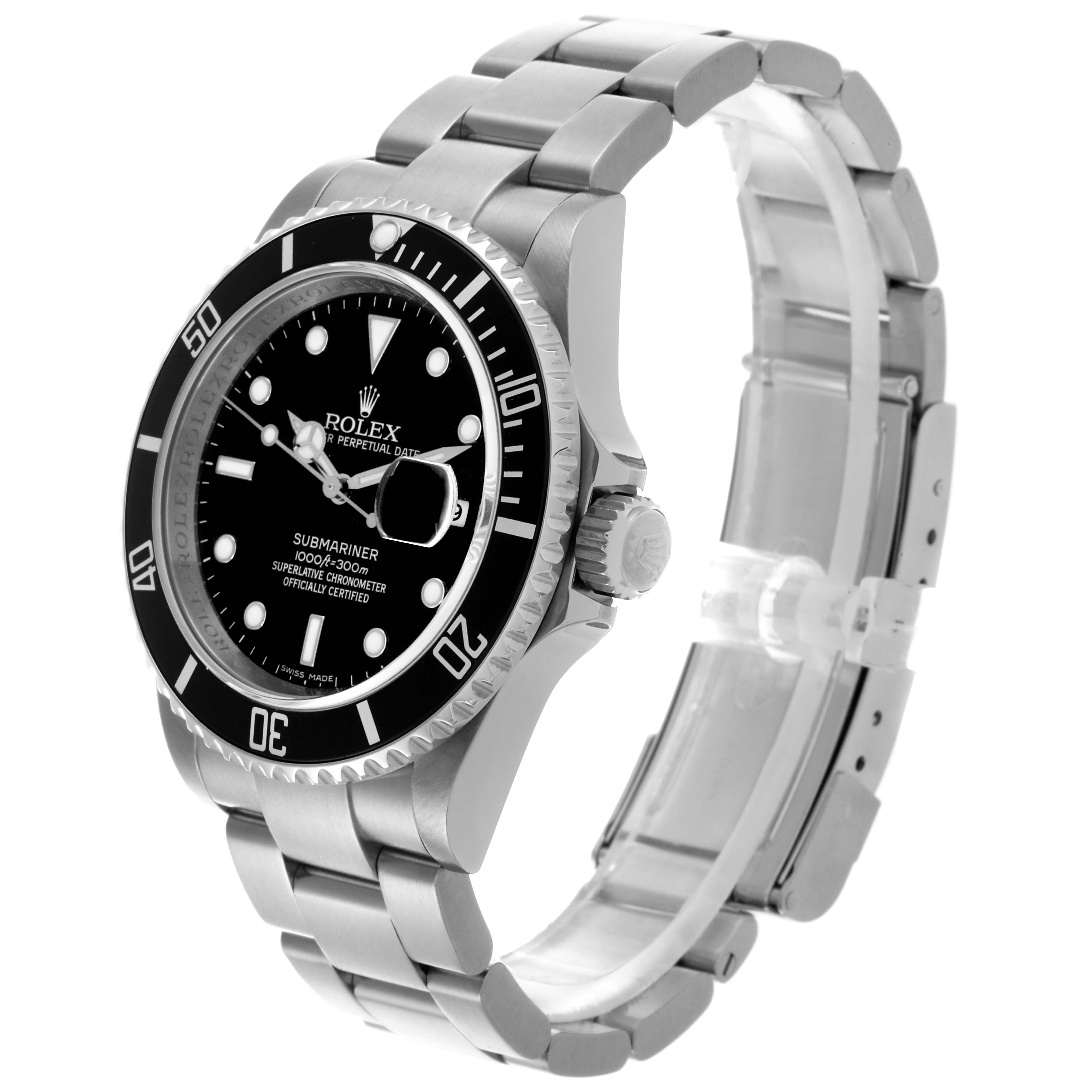 The Rolex Submariner 16610 Men
s Stainless Steel Black Dial 16610 Men
s Stainless Steel Black Dial watch is shown at a three-quarter angle, highlighting the face, bezel, and bracelet.
