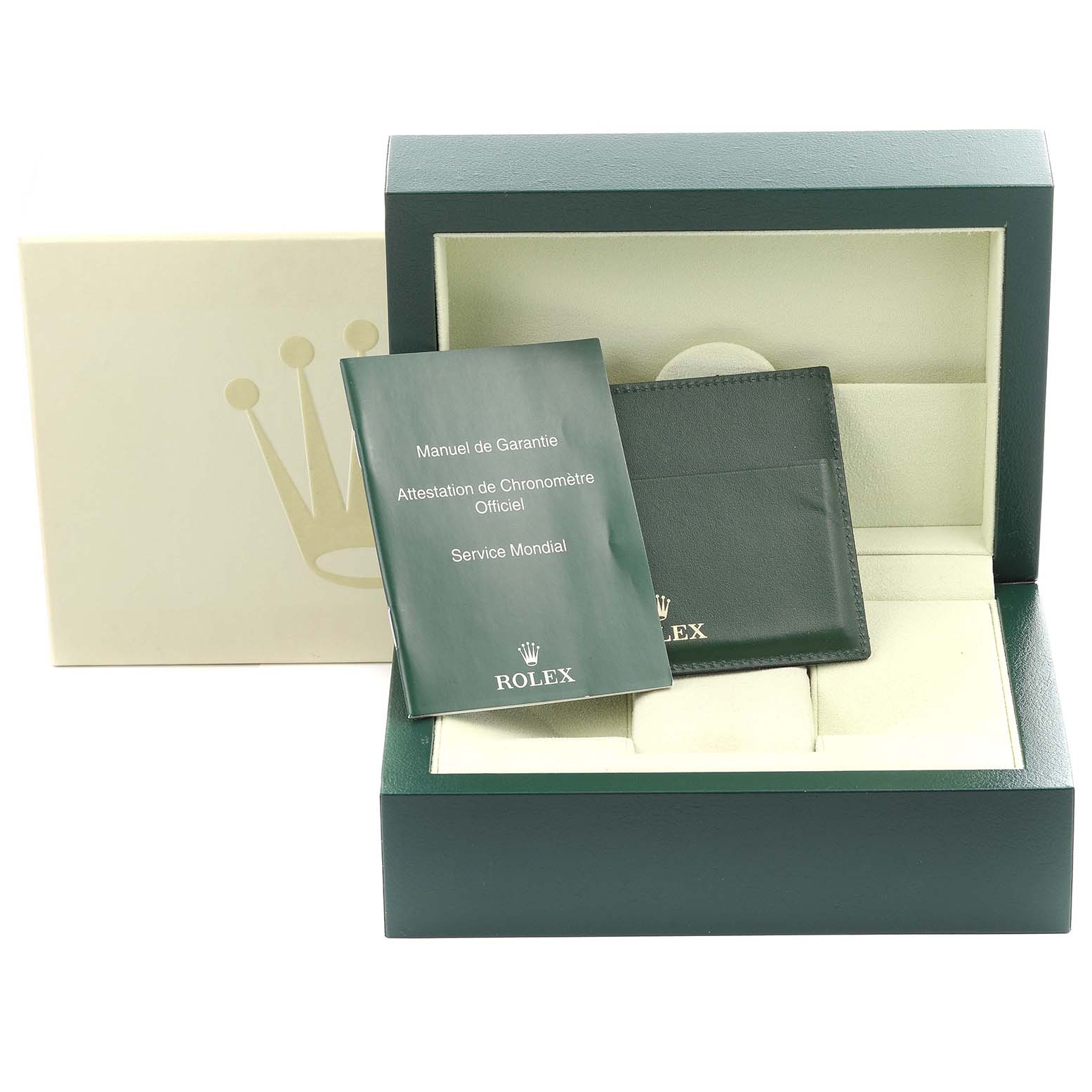 The image shows a Rolex Submariner 16610 Men
s Stainless Steel Black Dial 16610 Men
s Stainless Steel Black Dial watch box with manuals and a cardholder from a front angle.