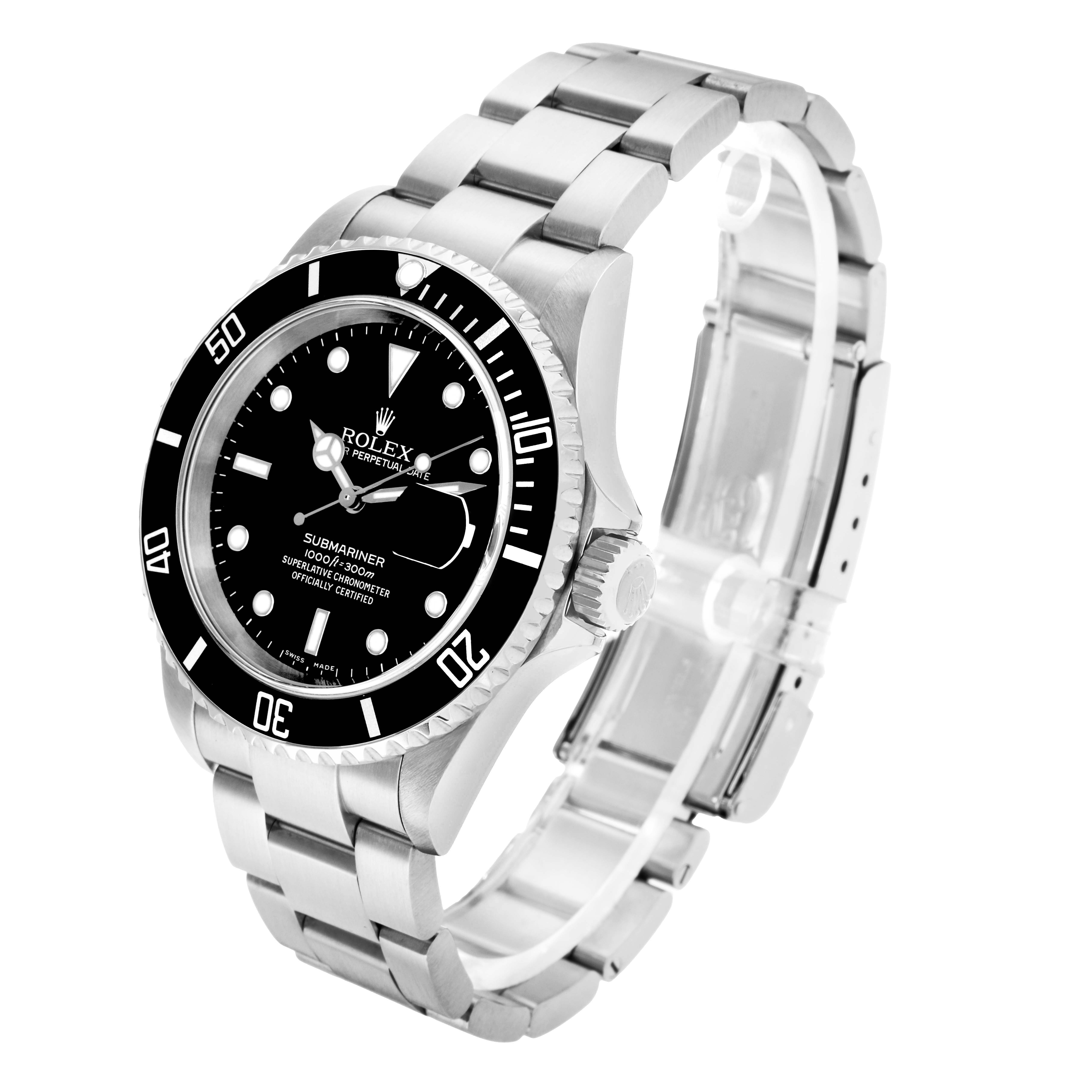 The Rolex Submariner 16610 Men
s Stainless Steel Black Dial watch is shown at a slight angle, displaying the face, bezel, and full bracelet.