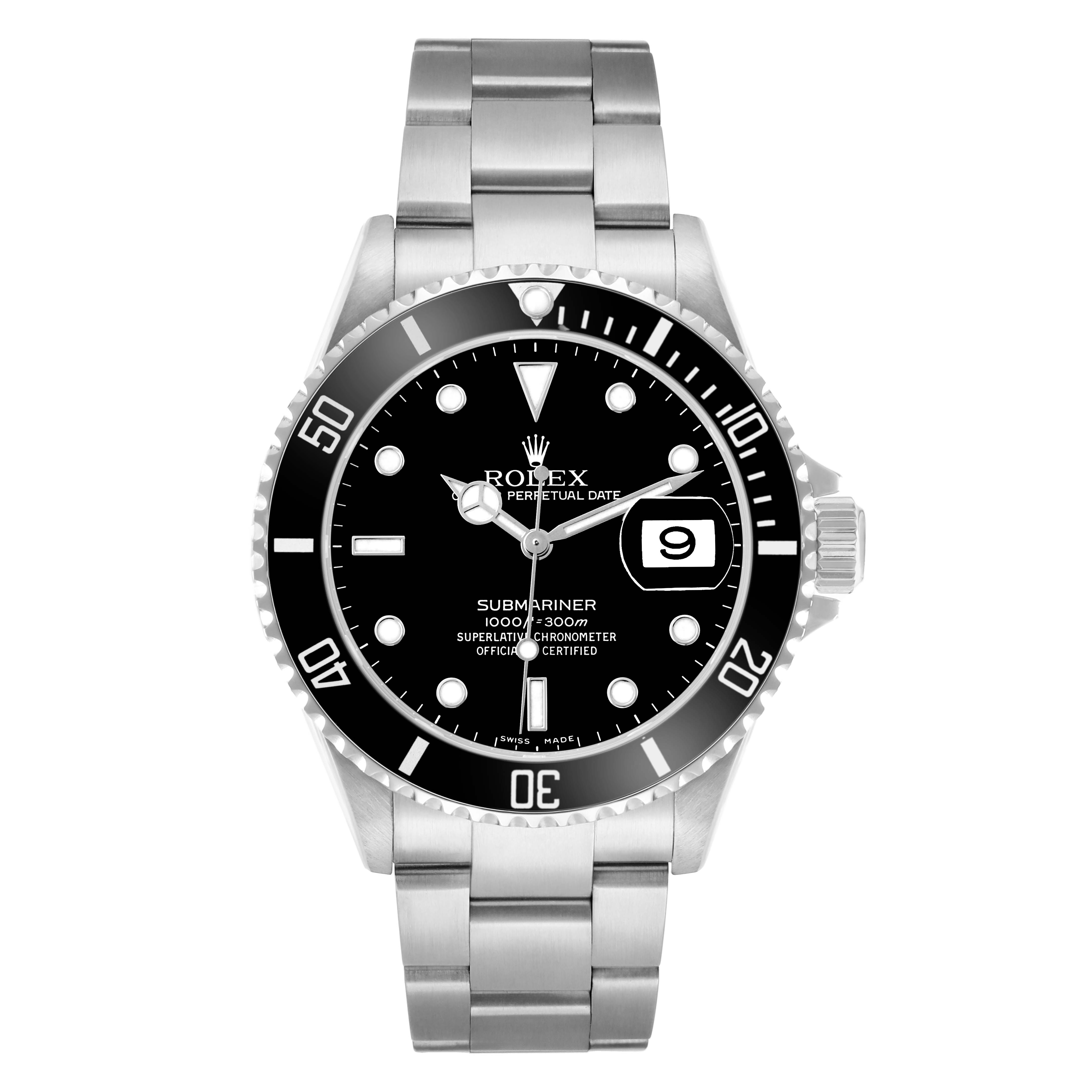 The Rolex Submariner 16610 Men
s Stainless Steel Black Dial watch is shown from a front angle, displaying the dial, bezel, bracelet, and date window.