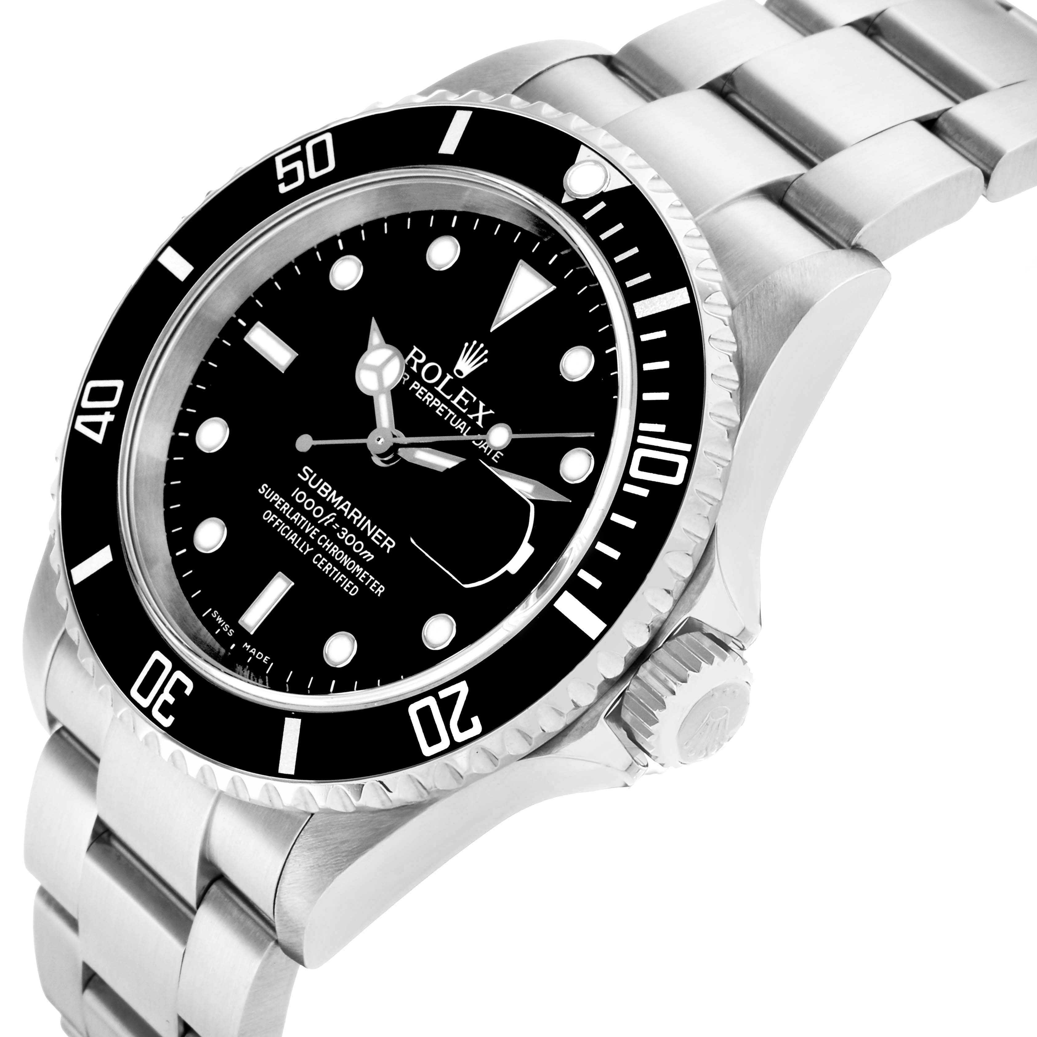 The image shows the Rolex Submariner 16610 Men
s Stainless Steel Black Dial watch at a three-quarter angle, highlighting the face, bezel, crown, and part of the bracelet.