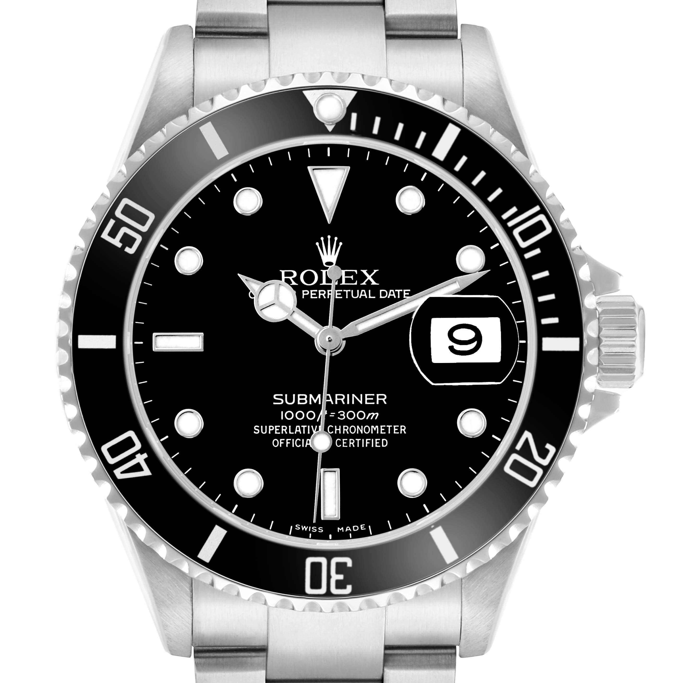The Rolex Submariner 16610 Men
s Stainless Steel Black Dial watch is shown from a frontal angle, displaying the bezel, dial, hands, and part of the bracelet.