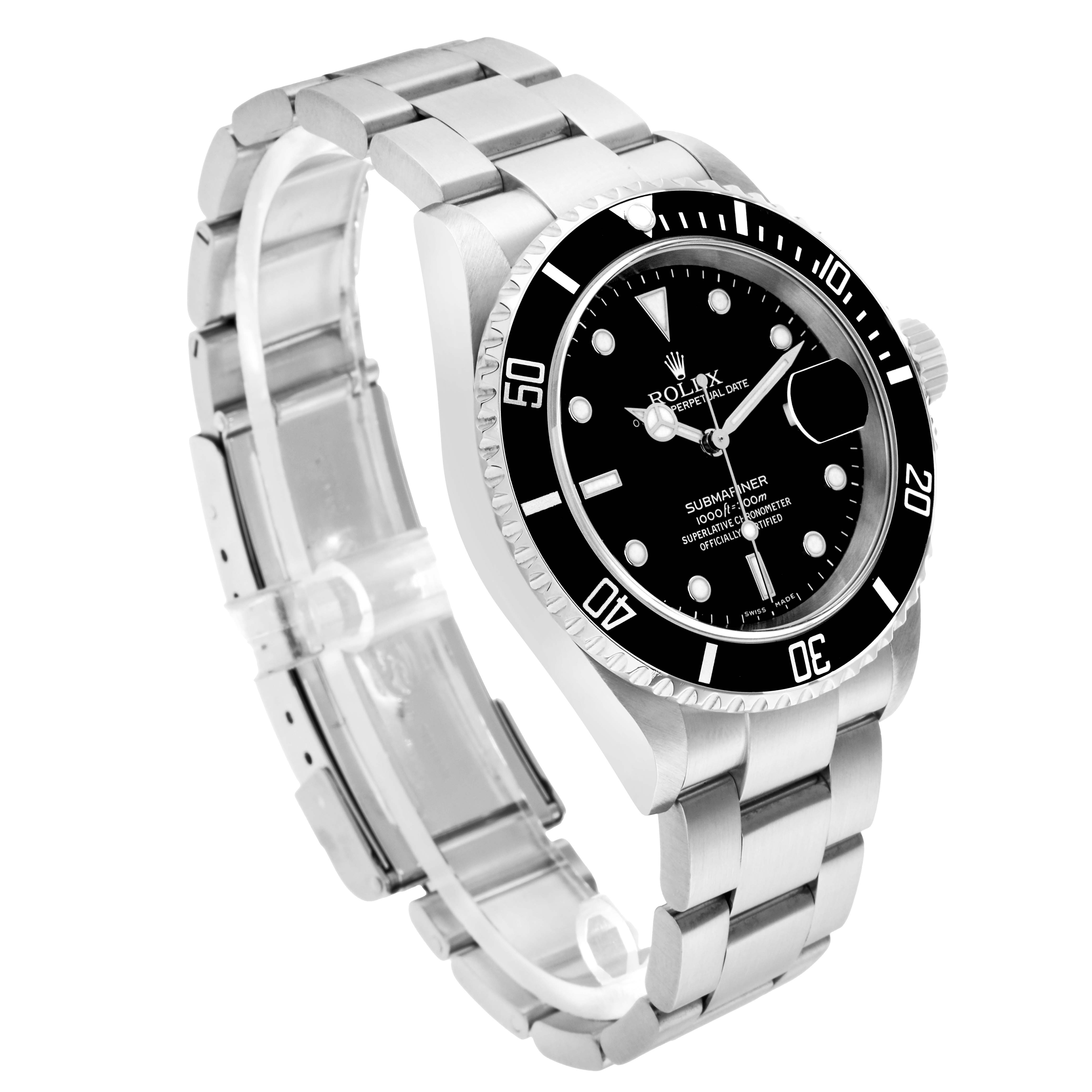 The Rolex Submariner 16610 Men
s Stainless Steel Black Dial watch is shown at an angled side view, displaying the bezel, dial, and bracelet.