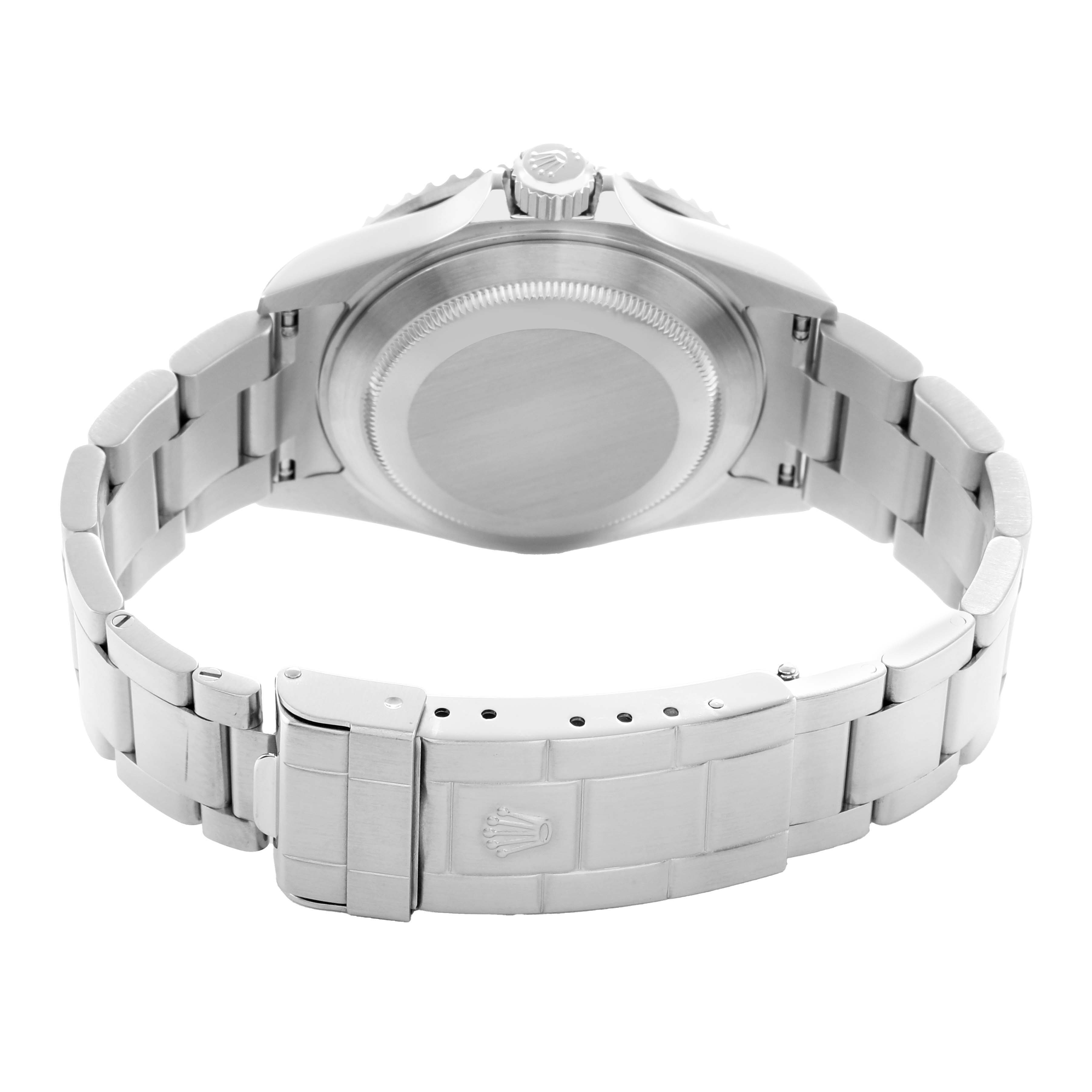 The image shows the back and bracelet of a Rolex Submariner 16610 Men
s Stainless Steel Black Dial, focusing on the clasp and case back.