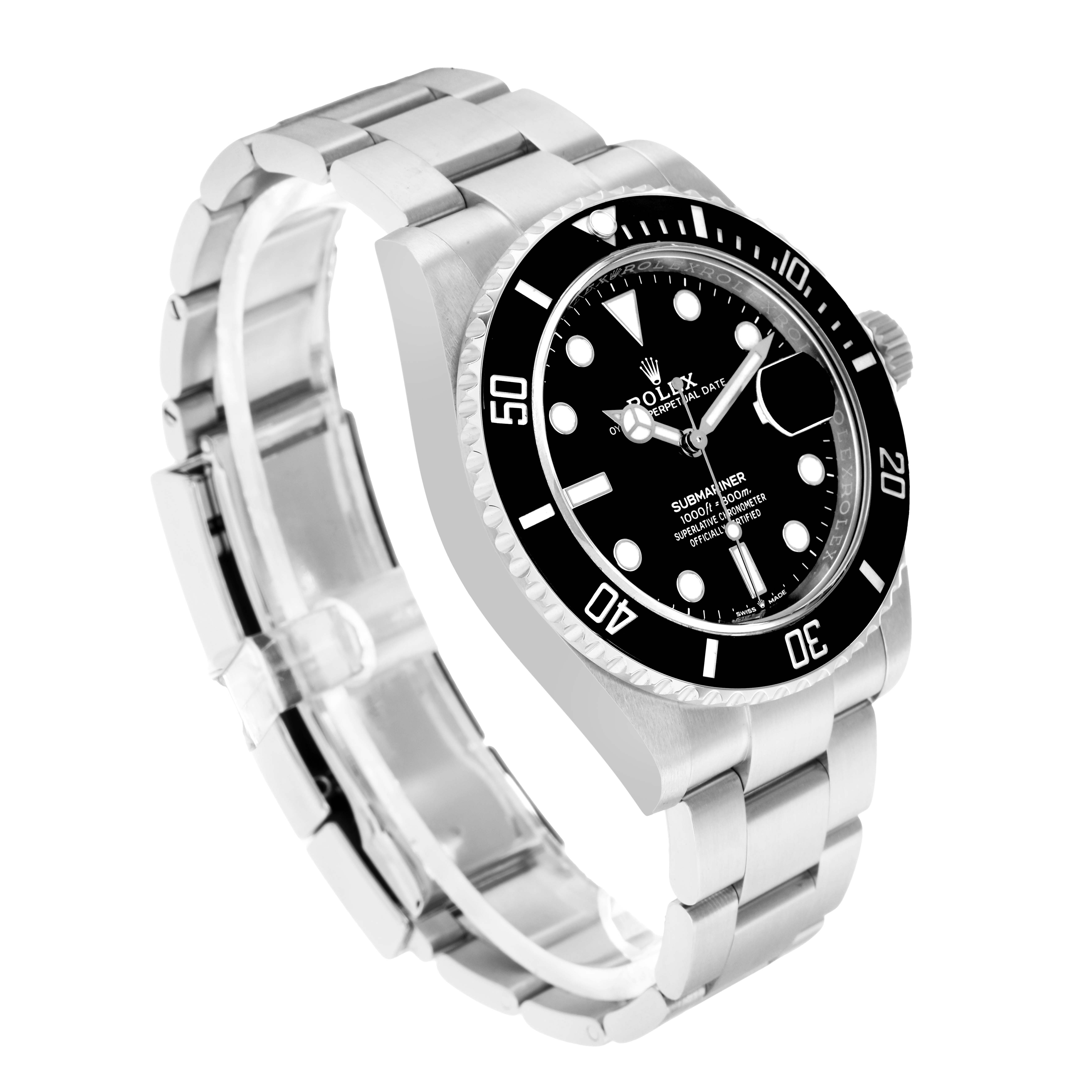 The Rolex Submariner 126610 Men
s Stainless Steel Black Dial watch is shown at a three-quarter angle, displaying the dial, bezel, and bracelet.