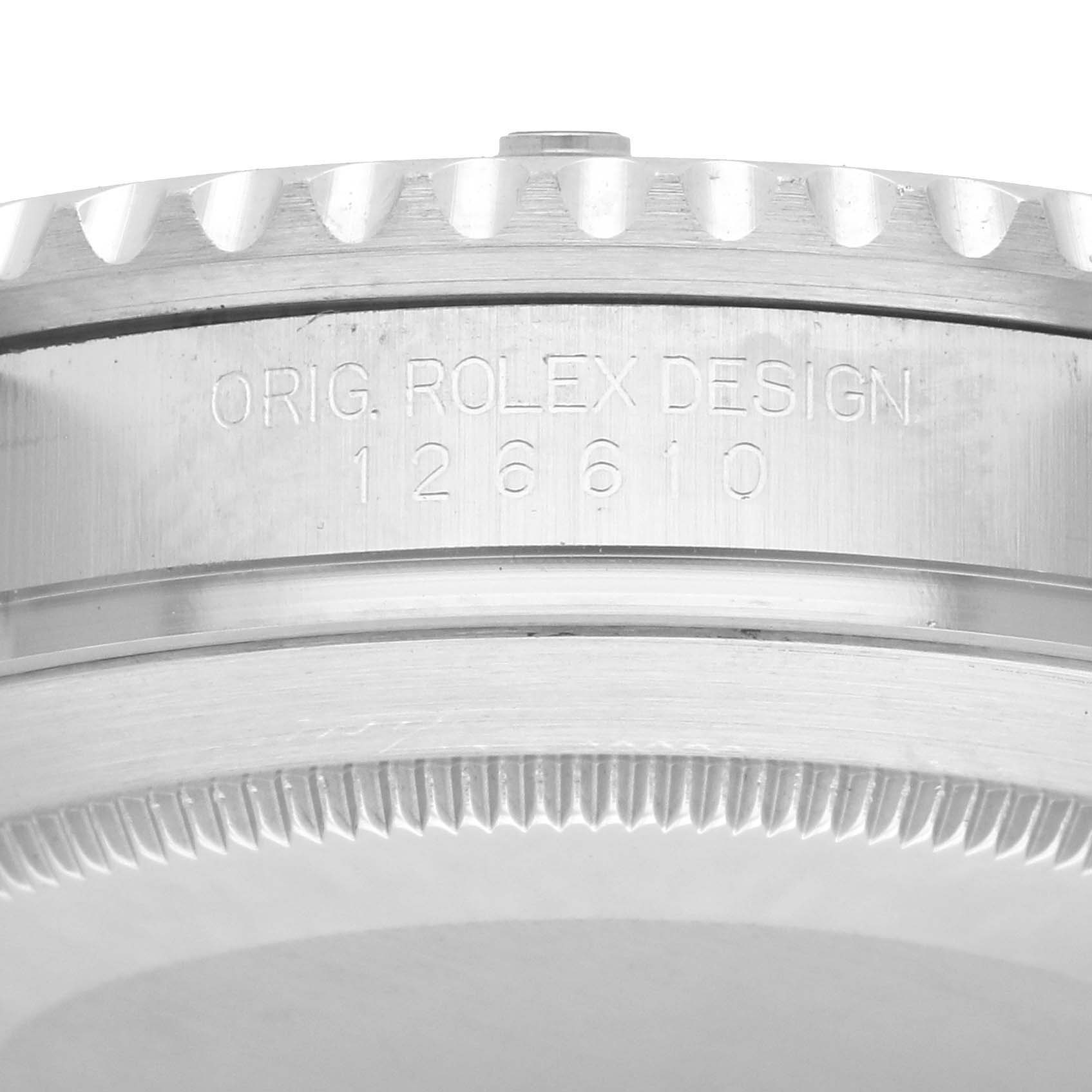 The image shows the side of a Rolex Submariner 126610 Men
s Stainless Steel Black Dial, highlighting the bezel and engraved model number.