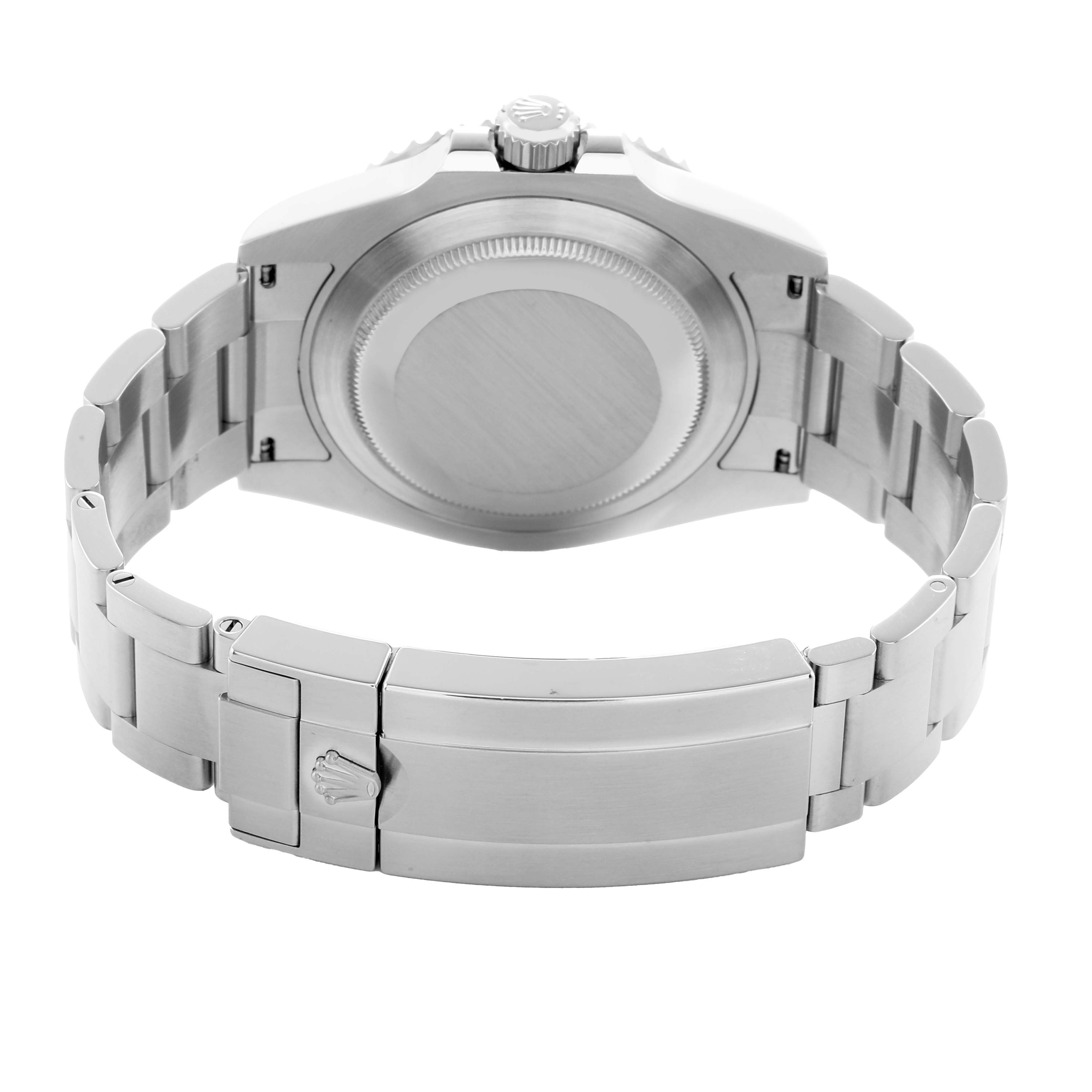 The image shows the back of the Rolex Submariner 126610 Men
s Stainless Steel Black Dial, highlighting the case back, crown, and clasp of the bracelet.