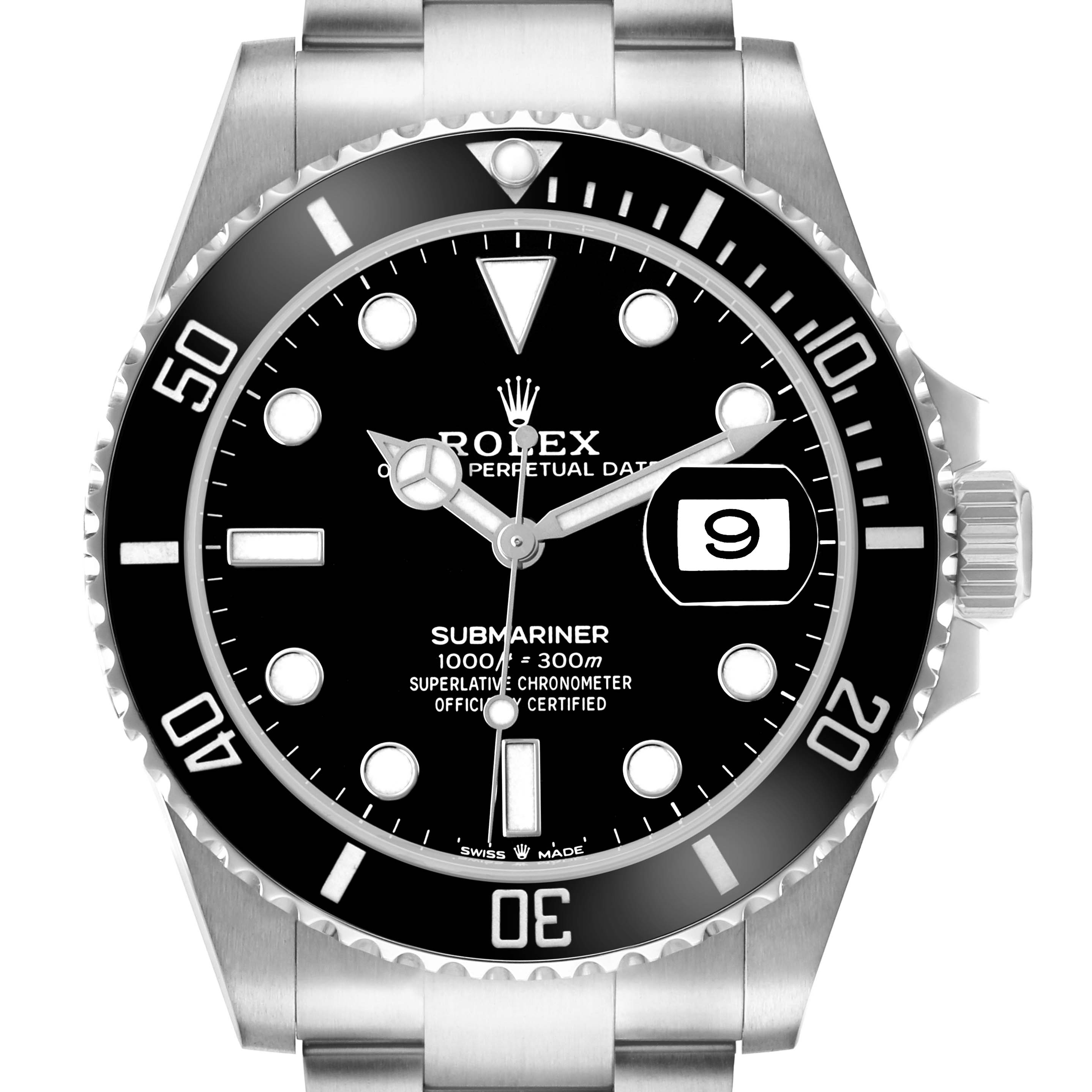 The Rolex Submariner 126610 Men
s Stainless Steel Black Dial watch is shown from the front, displaying the dial, bezel, crown, and bracelet.