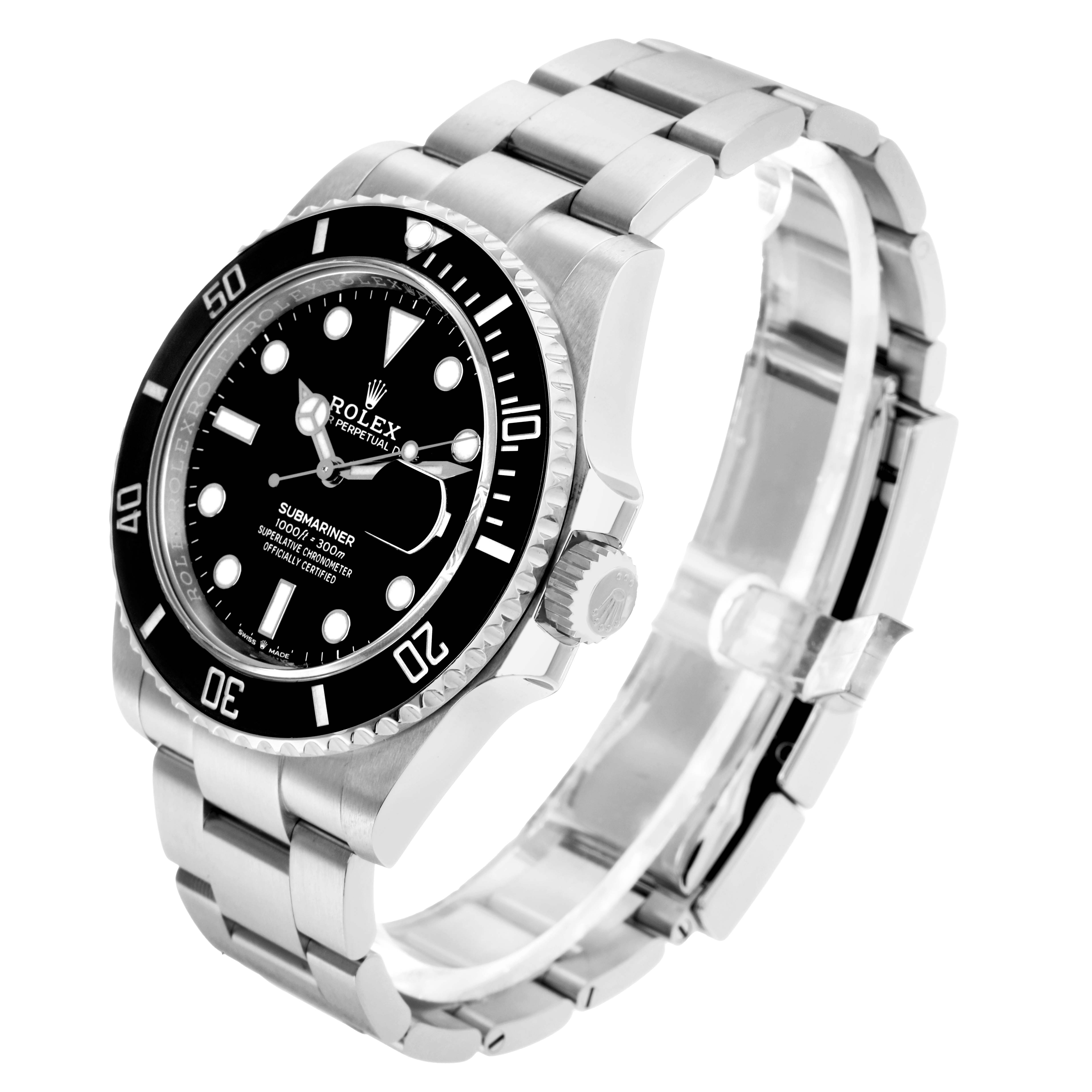 The Rolex Submariner 126610 Men
s Stainless Steel Black Dial watch is shown at a three-quarter angle, displaying the dial, bezel, bracelet, and crown.