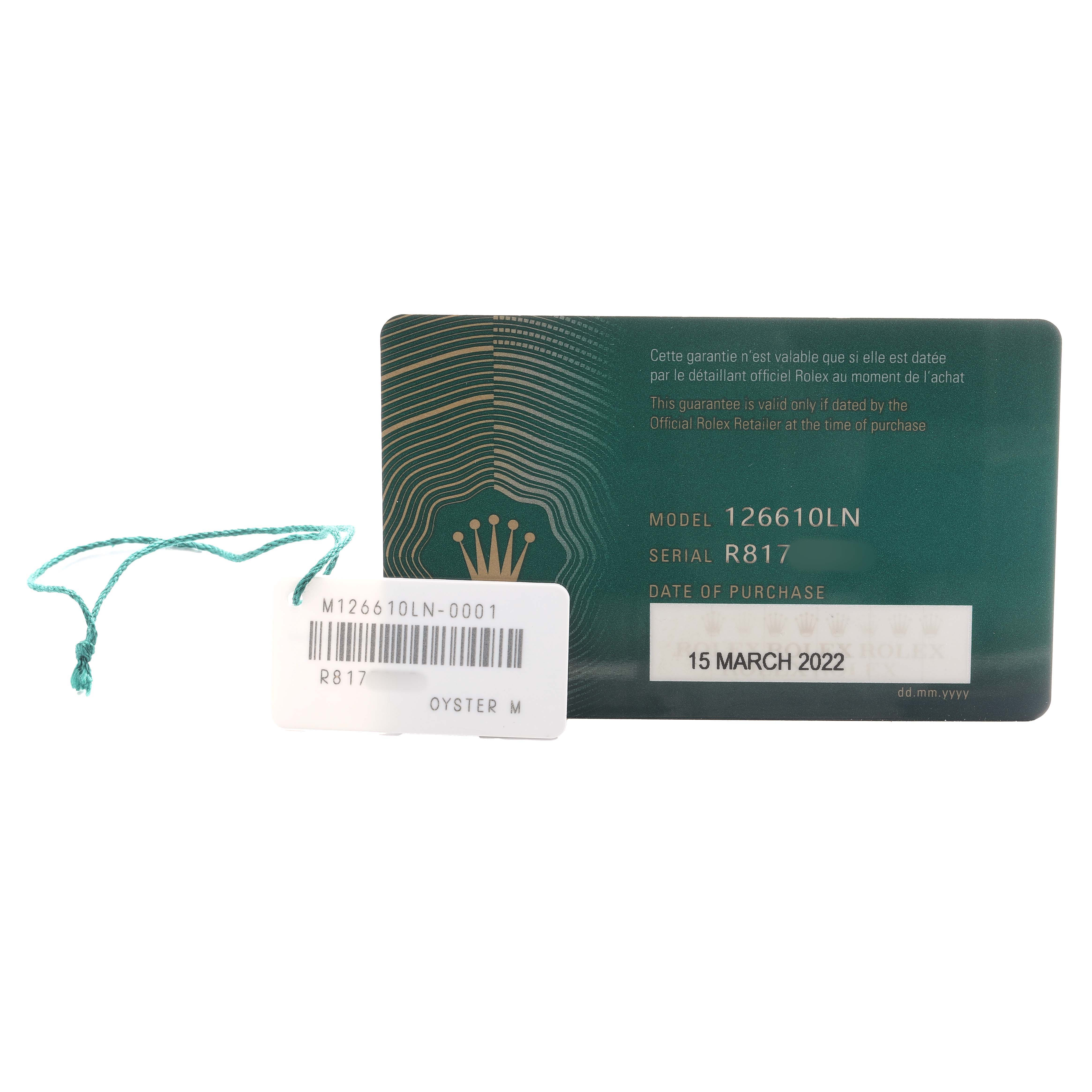 The image shows the warranty card and tag for a Rolex Submariner 126610 Men
s Stainless Steel Black Dial model 126610LN, featuring purchase details.