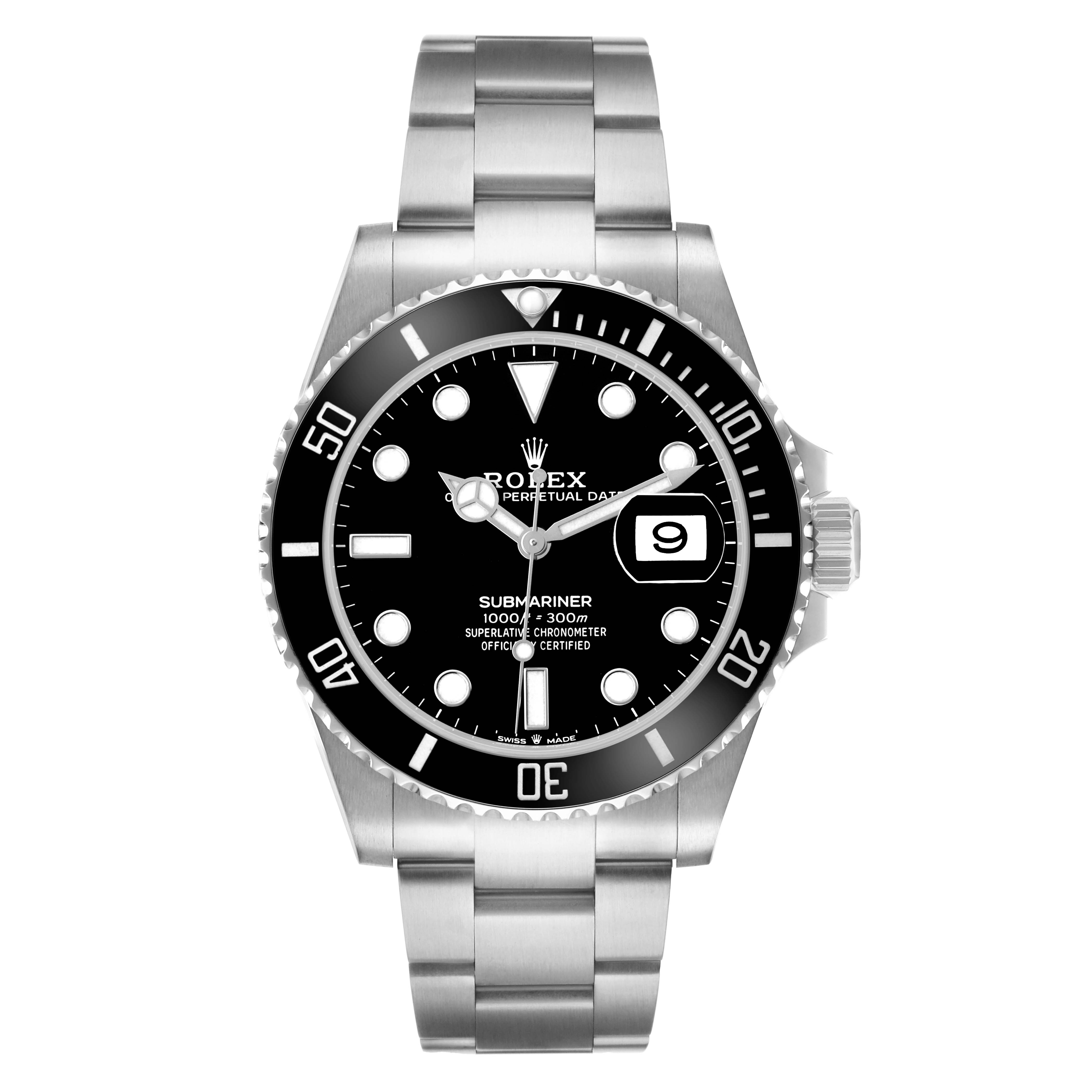 The Rolex Submariner 126610 Men
s Stainless Steel Black Dial watch is shown from a front angle, featuring the dial, bezel, crown, and bracelet.
