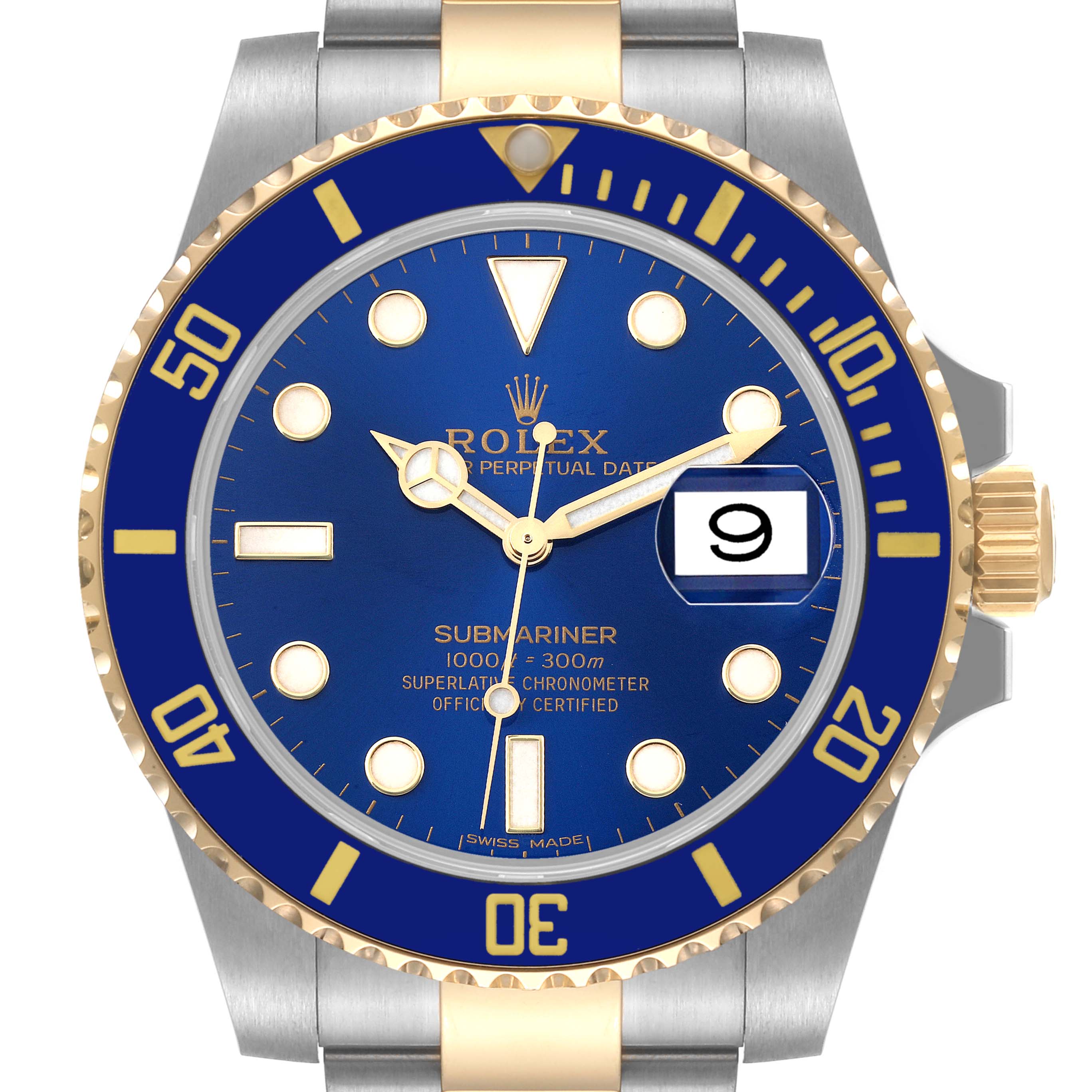 This image shows a front view of a Rolex Submariner 116613 Men's Steel and Gold (two tone) Blue Dial 116613 Men's Steel and Gold (two tone) Blue Dial watch, featuring its bezel, dial, hands, and date window.