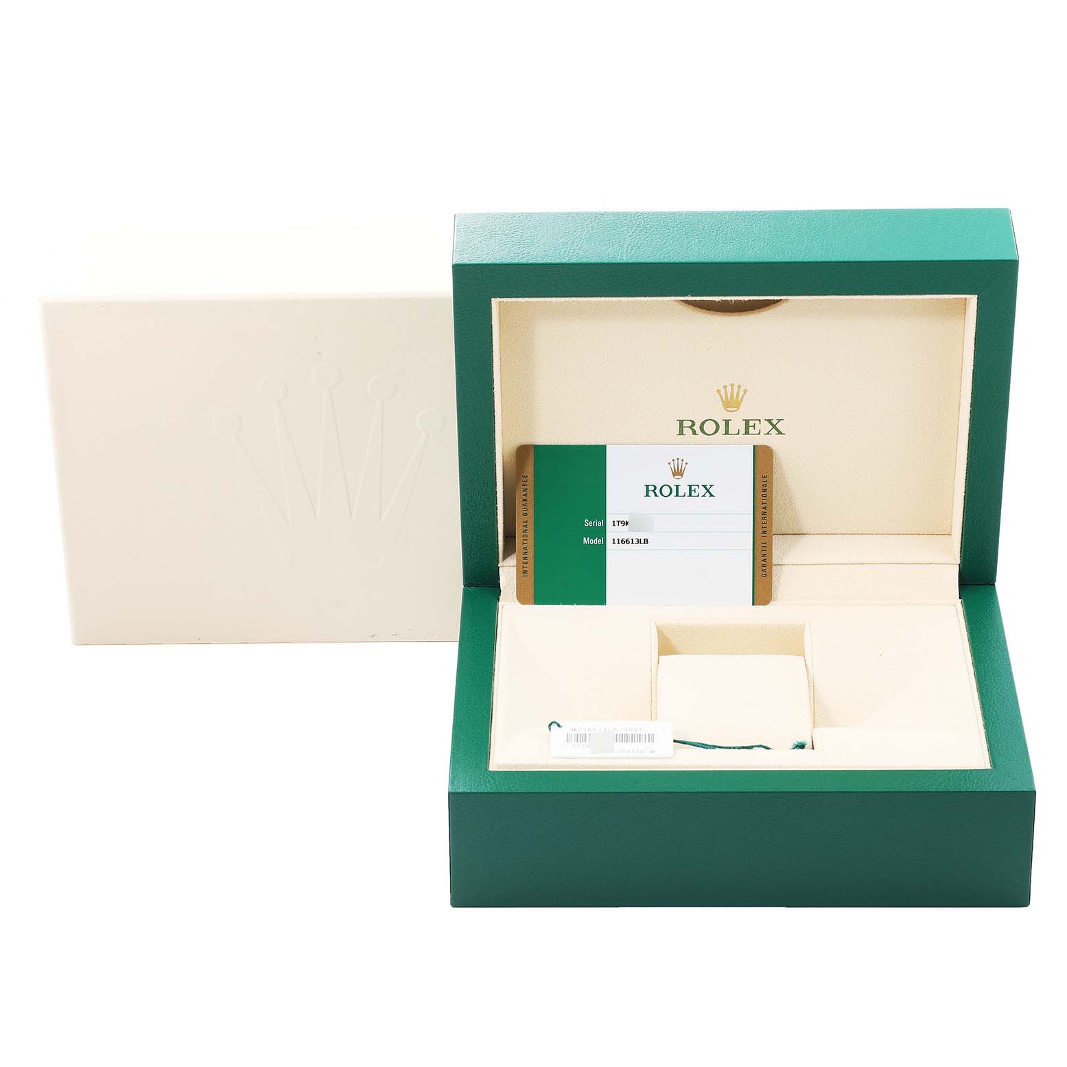 The image shows an open Rolex Submariner 116613 Men's Steel and Gold (two tone) Blue Dial 116613 Men's Steel and Gold (two tone) Blue Dial watch box with a warranty card and tags.