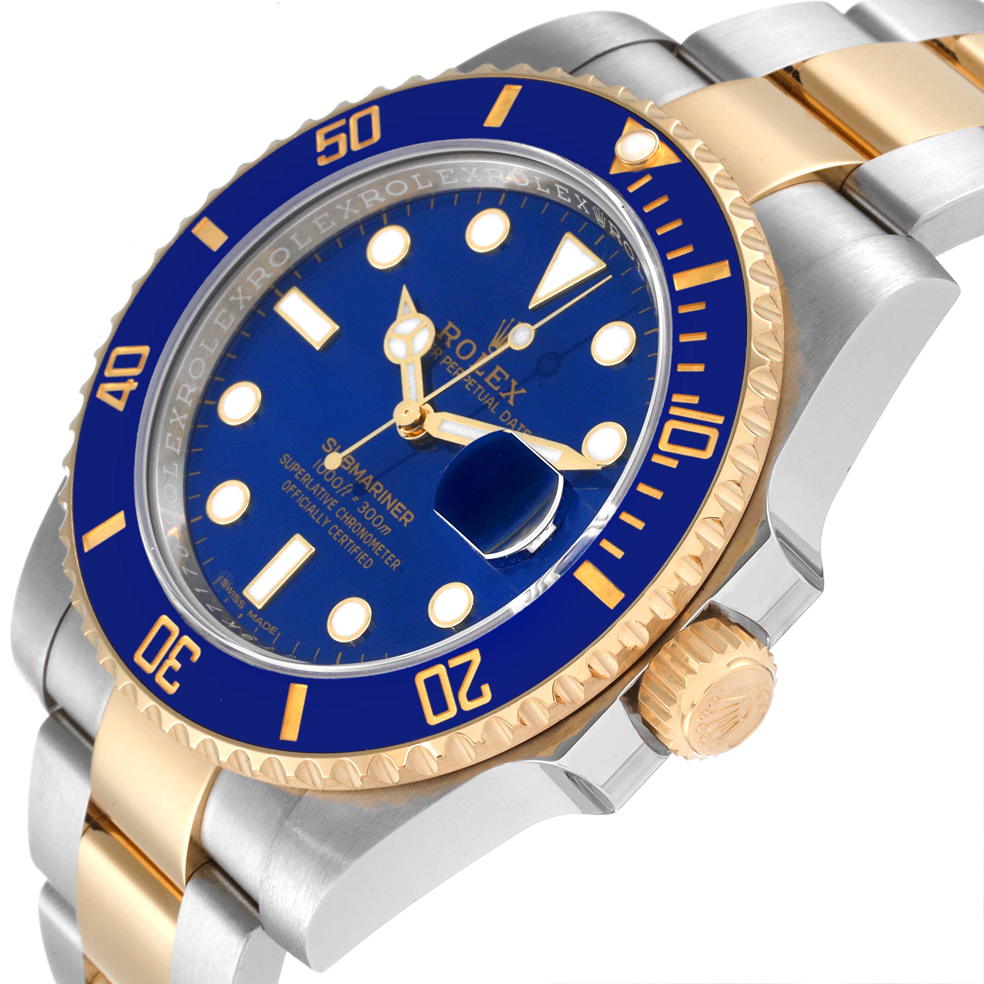 The image shows a close-up, angled view of a Rolex Submariner 116613 Men's Steel and Gold (two tone) Blue Dial 116613 Men's Steel and Gold (two tone) Blue Dial watch highlighting the face, bezel, crown, and part of the bracelet.