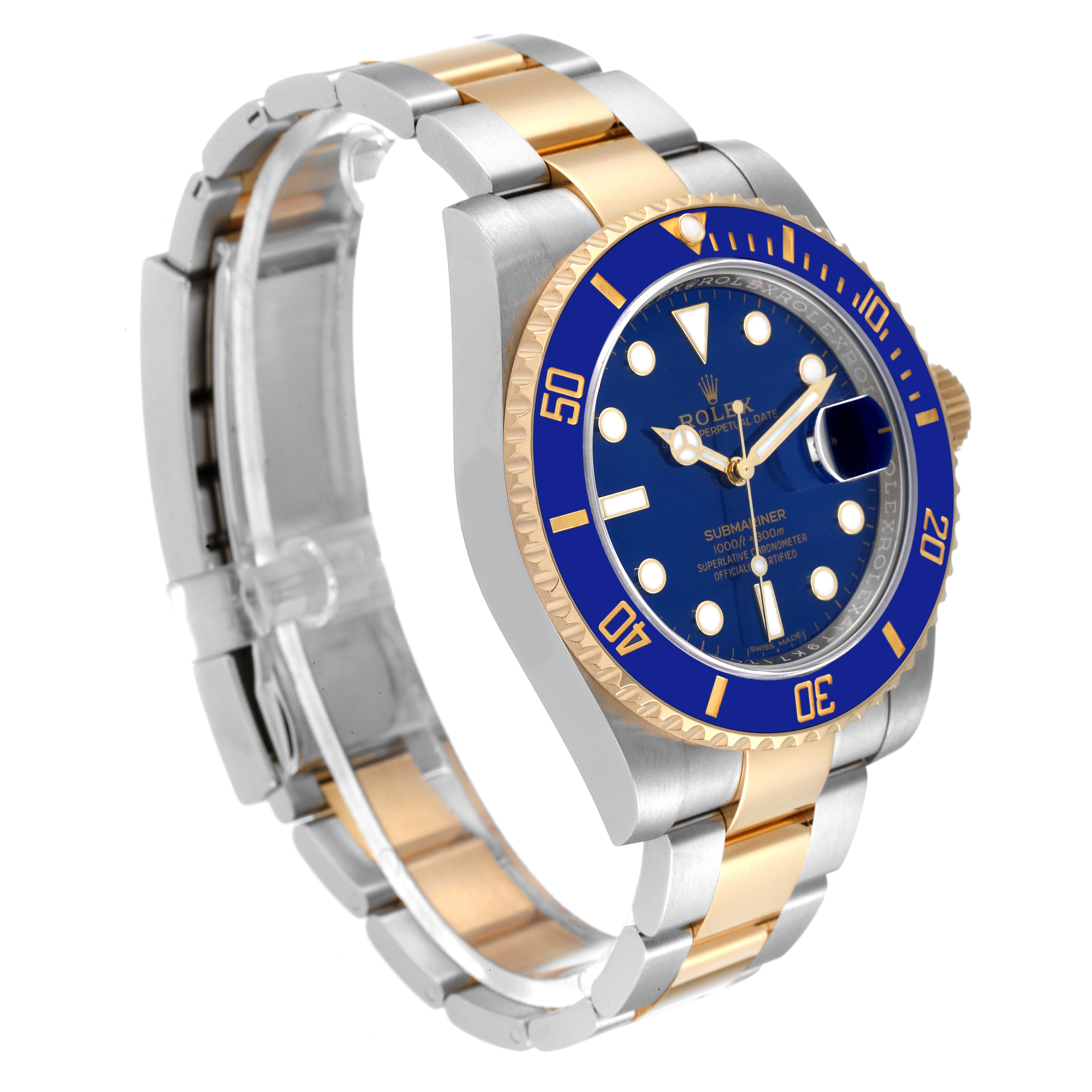 The image shows a side angle of a Rolex Submariner 116613 Men's Steel and Gold (two tone) Blue Dial 116613 Men's Steel and Gold (two tone) Blue Dial watch, highlighting its blue dial, gold and silver bracelet, and bezel.