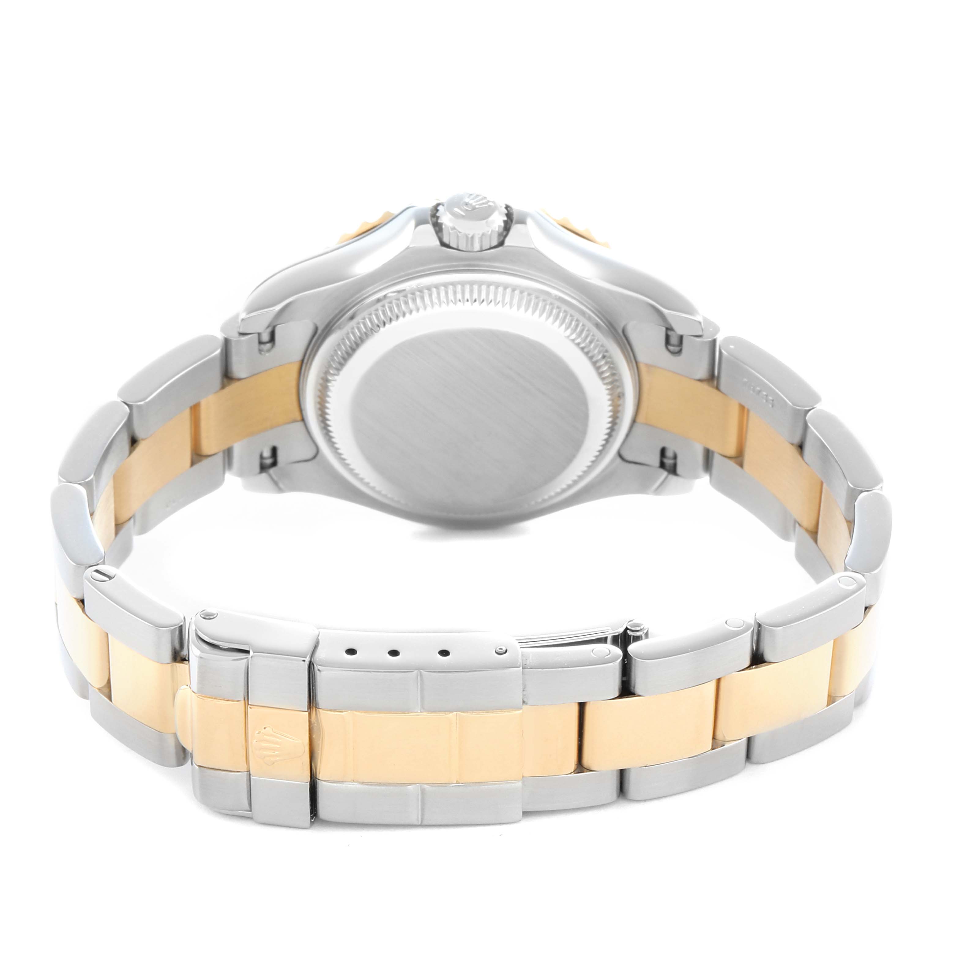 The image shows the back of the Rolex Yacht-Master 169623 Women's Steel and Gold (two tone) Silver Dial watch, featuring its case back and two-tone bracelet.