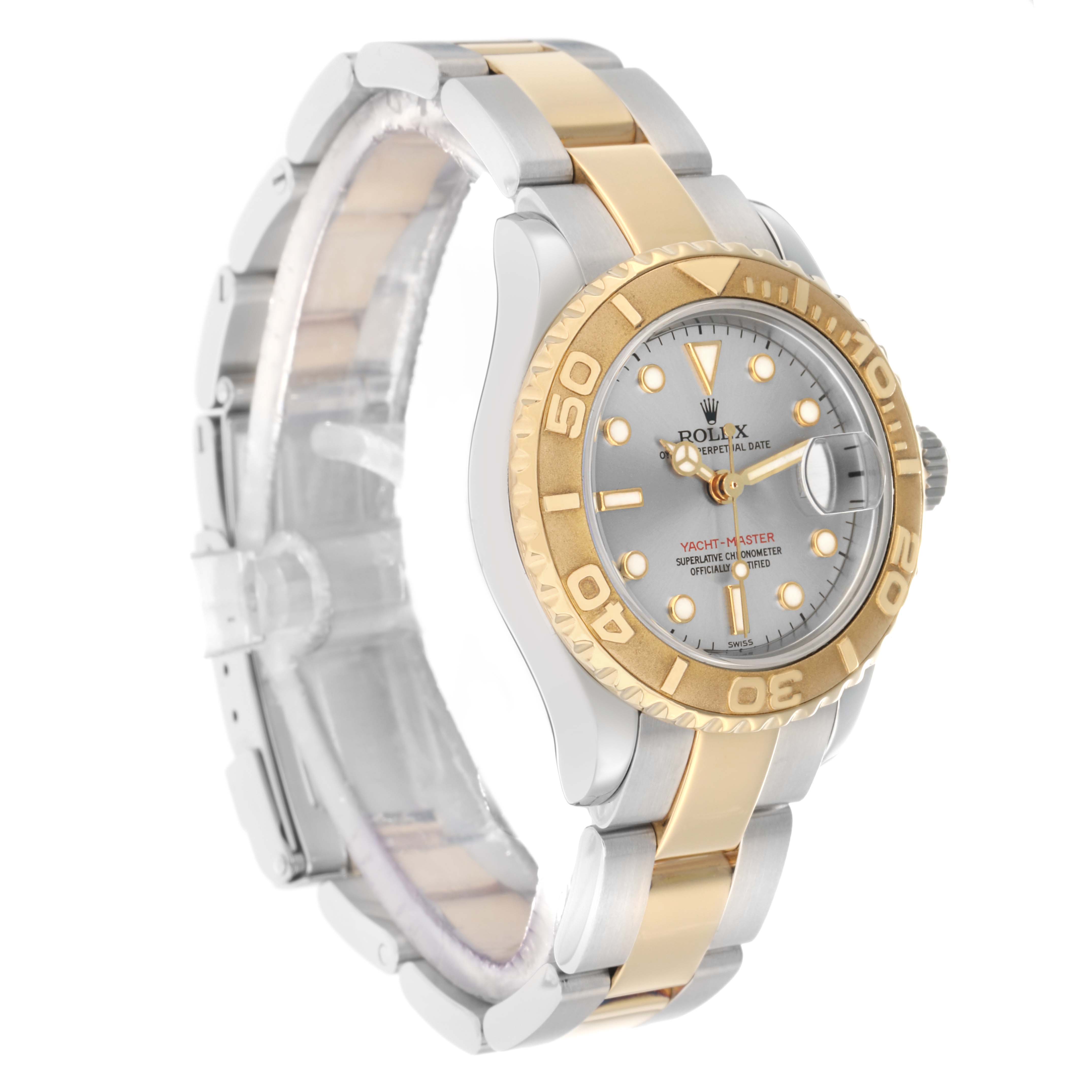 The Rolex Yacht-Master 169623 Women's Steel and Gold (two tone) Silver Dial watch is shown at a three-quarter angle, displaying the face, bezel, and bracelet.