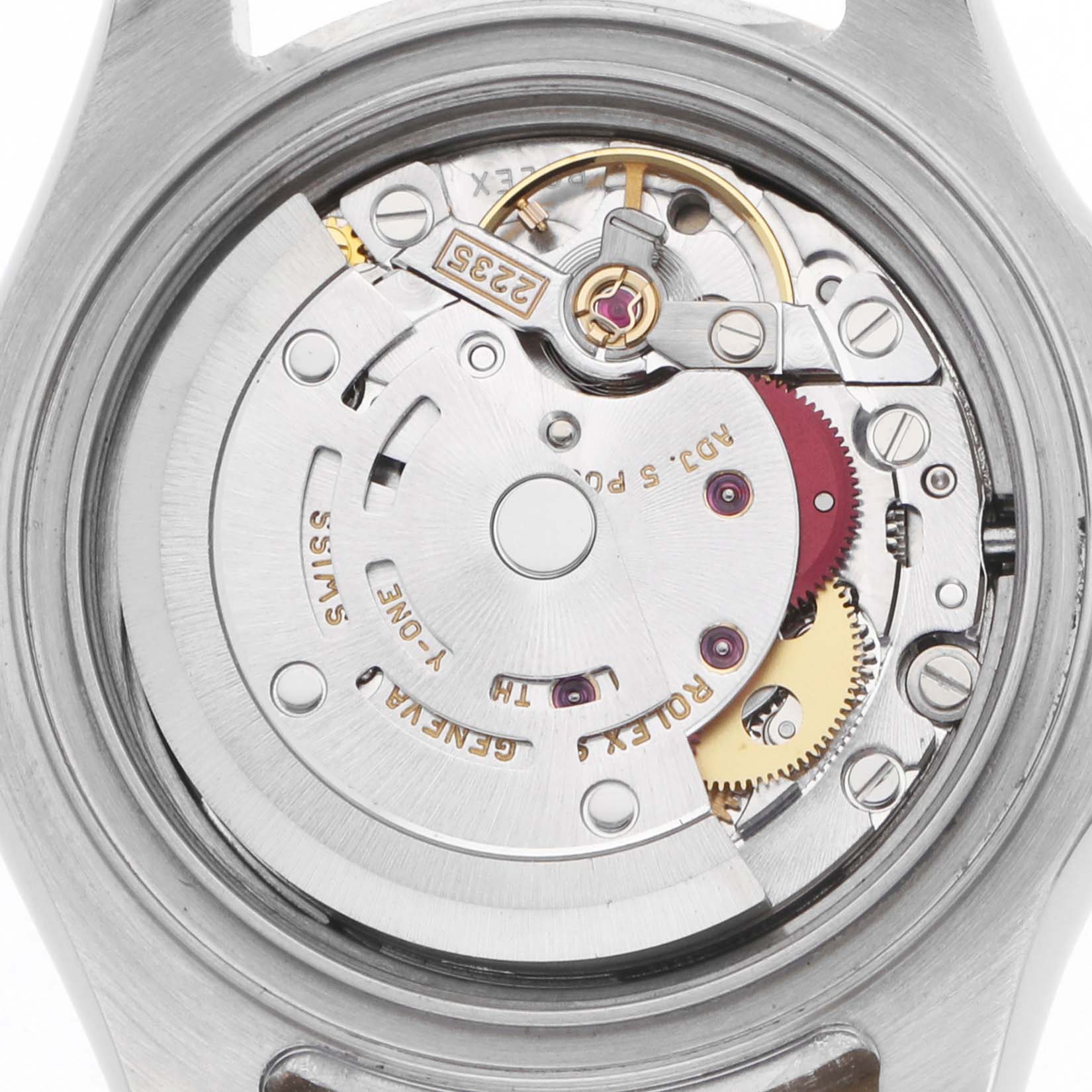 The image shows the inner mechanism of a Rolex Yacht-Master 169623 Women's Steel and Gold (two tone) Silver Dial watch from a back angle, displaying its intricate movement components.