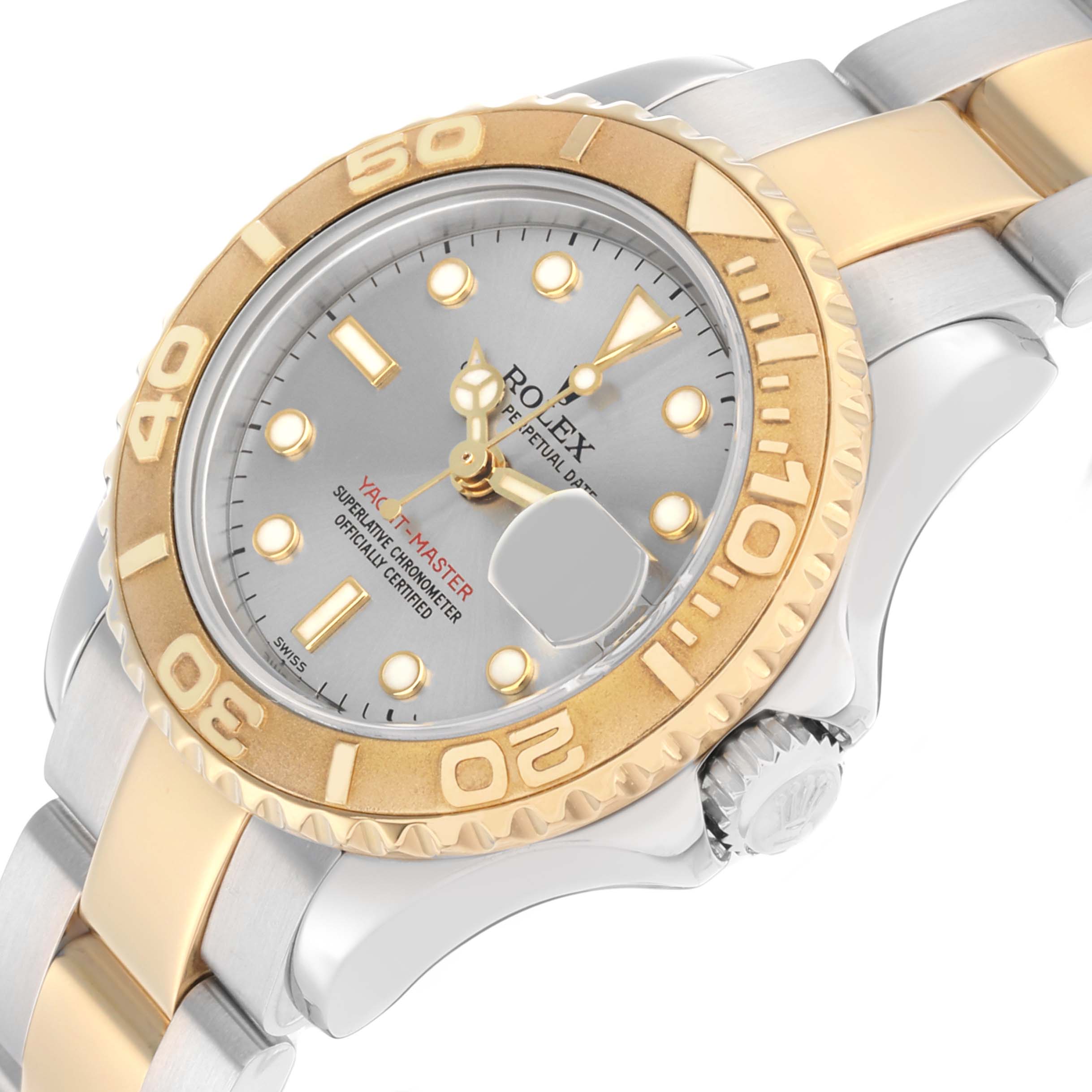 The Rolex Yacht-Master 169623 Women's Steel and Gold (two tone) Silver Dial watch is shown at a slight angle, highlighting the dial, bezel, and part of the bracelet.