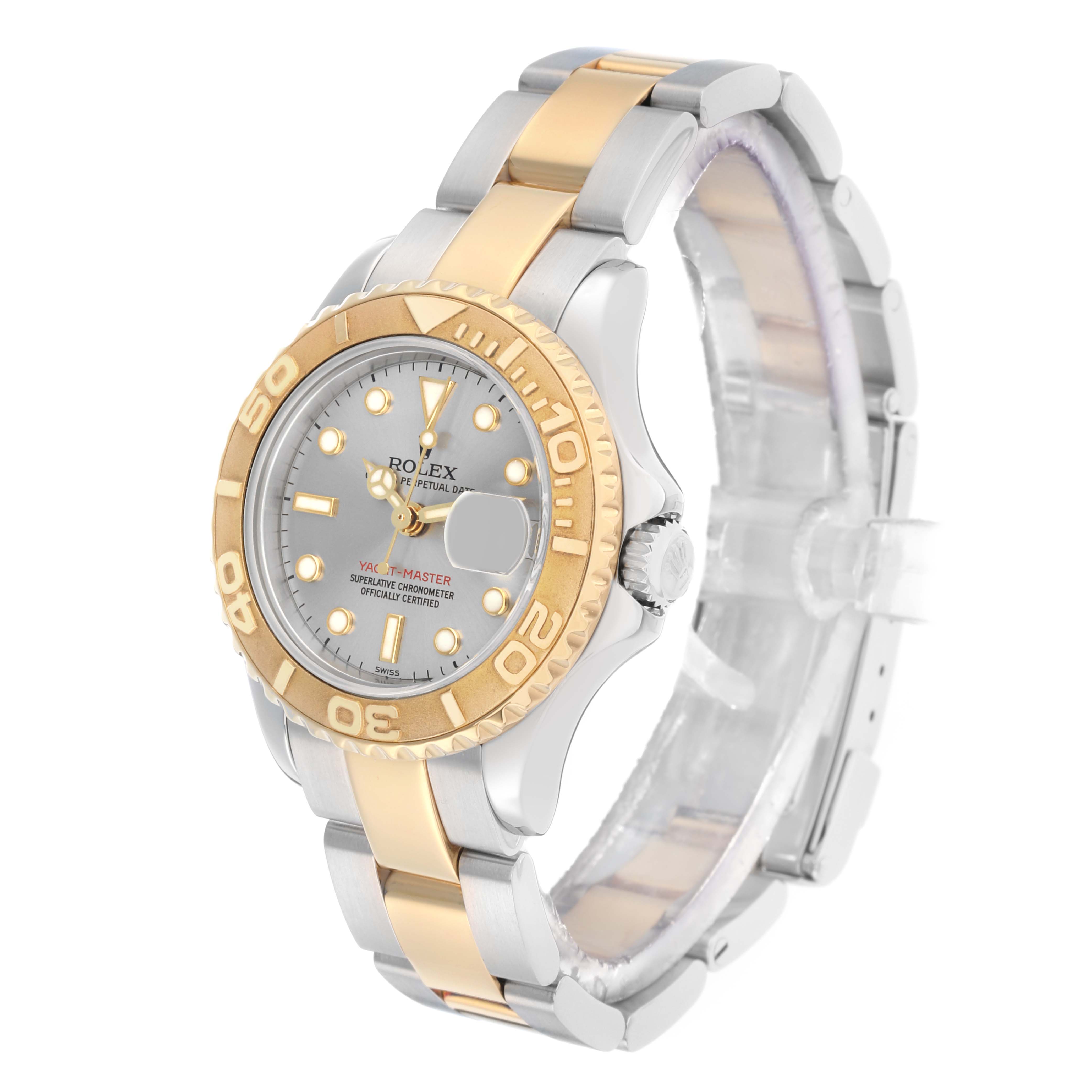 The Rolex Yacht-Master 169623 Women's Steel and Gold (two tone) Silver Dial is shown at an angled side view, highlighting the bezel, dial, and two-tone bracelet.