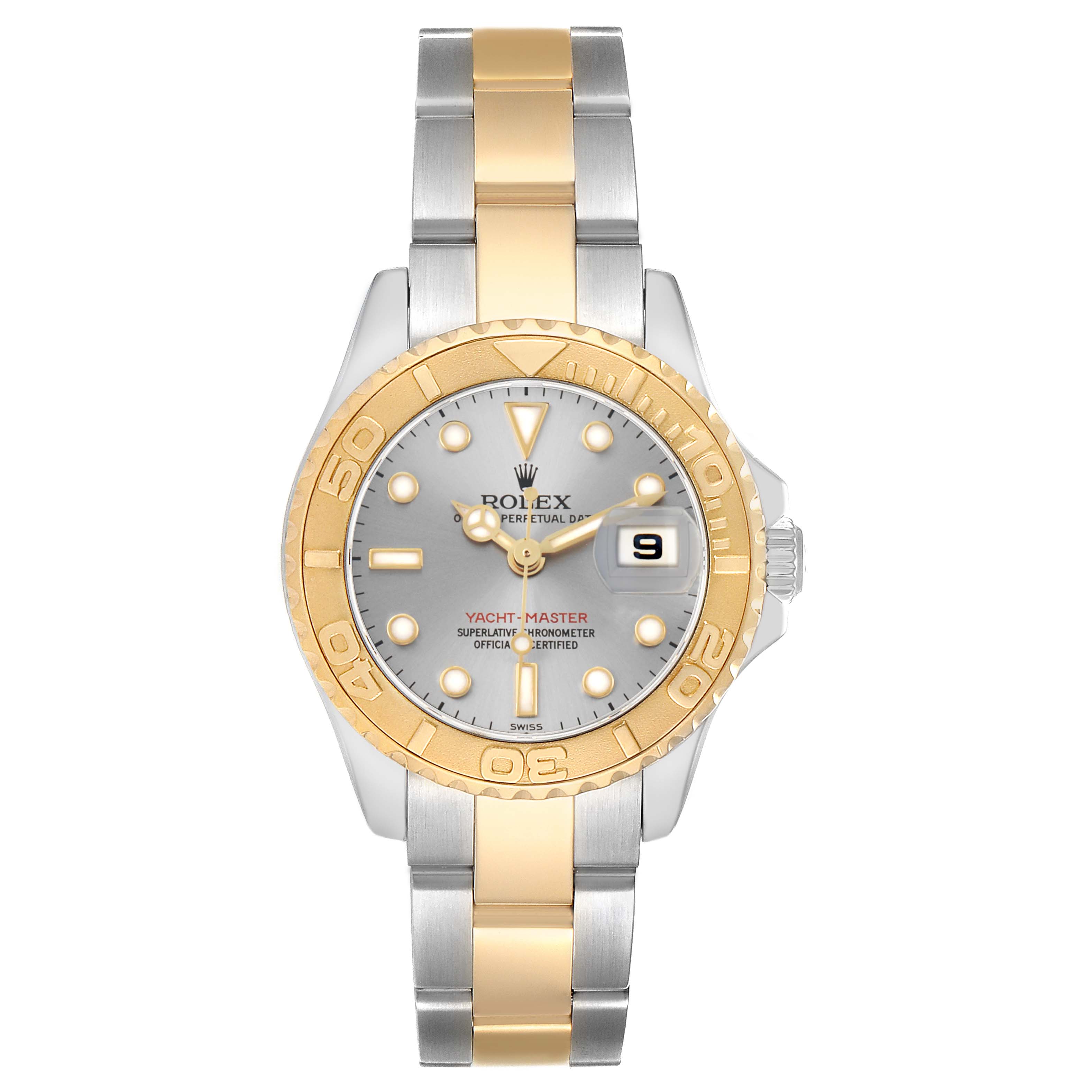 The Rolex Yacht-Master 169623 Women's Steel and Gold (two tone) Silver Dial watch is shown from a front angle, displaying the dial, bezel, crown, and bracelet.